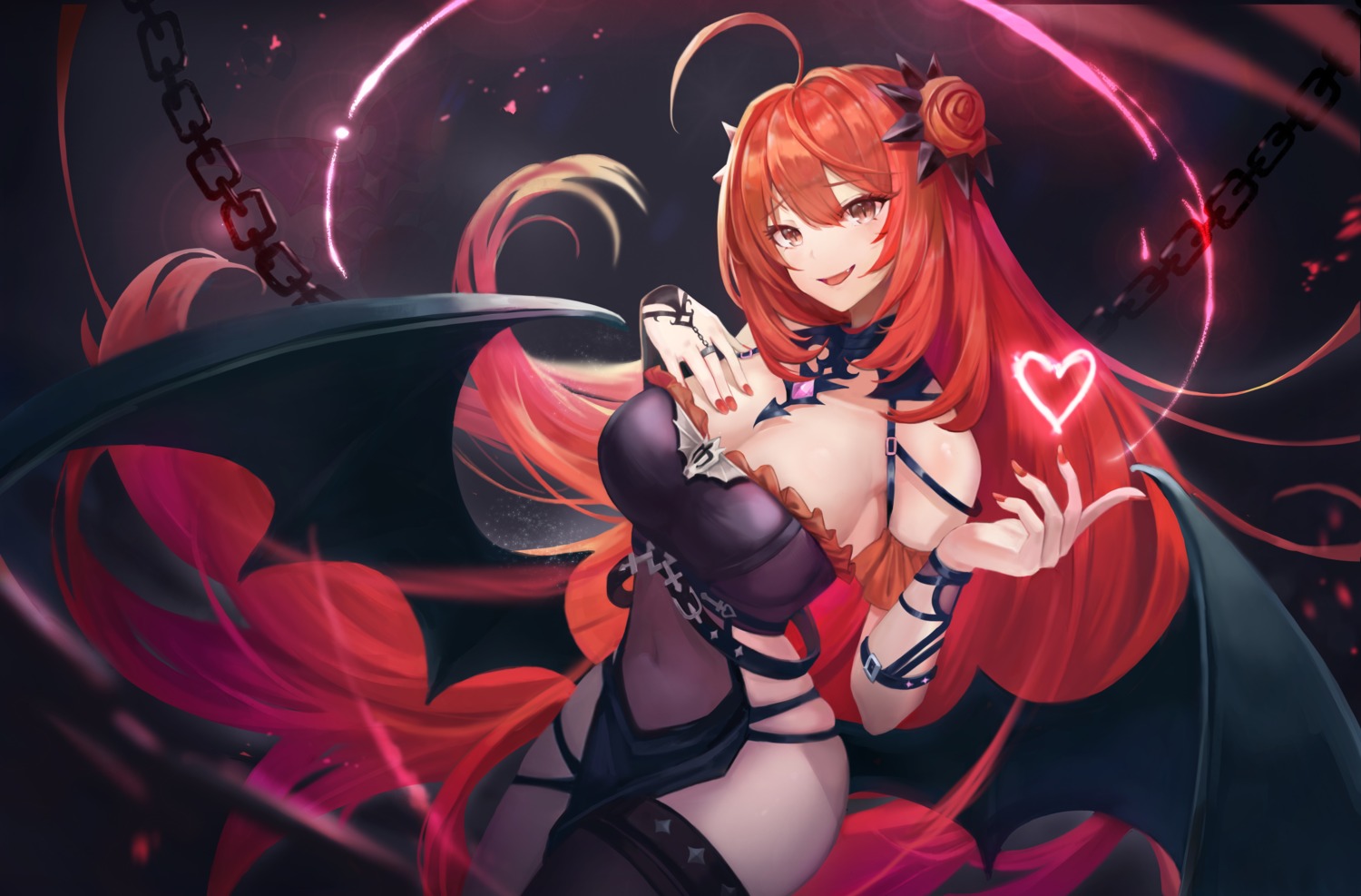 cleavage, dress, erze_(king's_raid), king's_raid, see_through, shinyu, thighhighs, wings