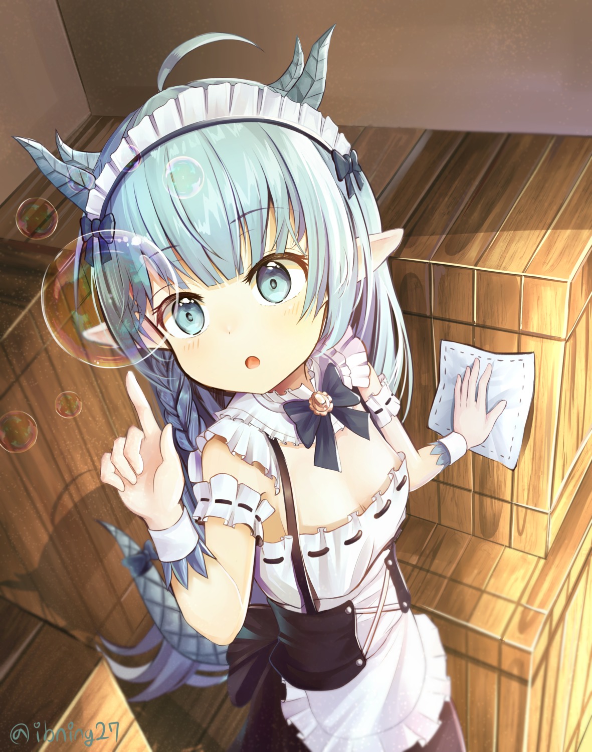 cleavage, horns, king's_raid, lilia_(king's_raid), maid, pointy_ears, tail, tb_(artist)