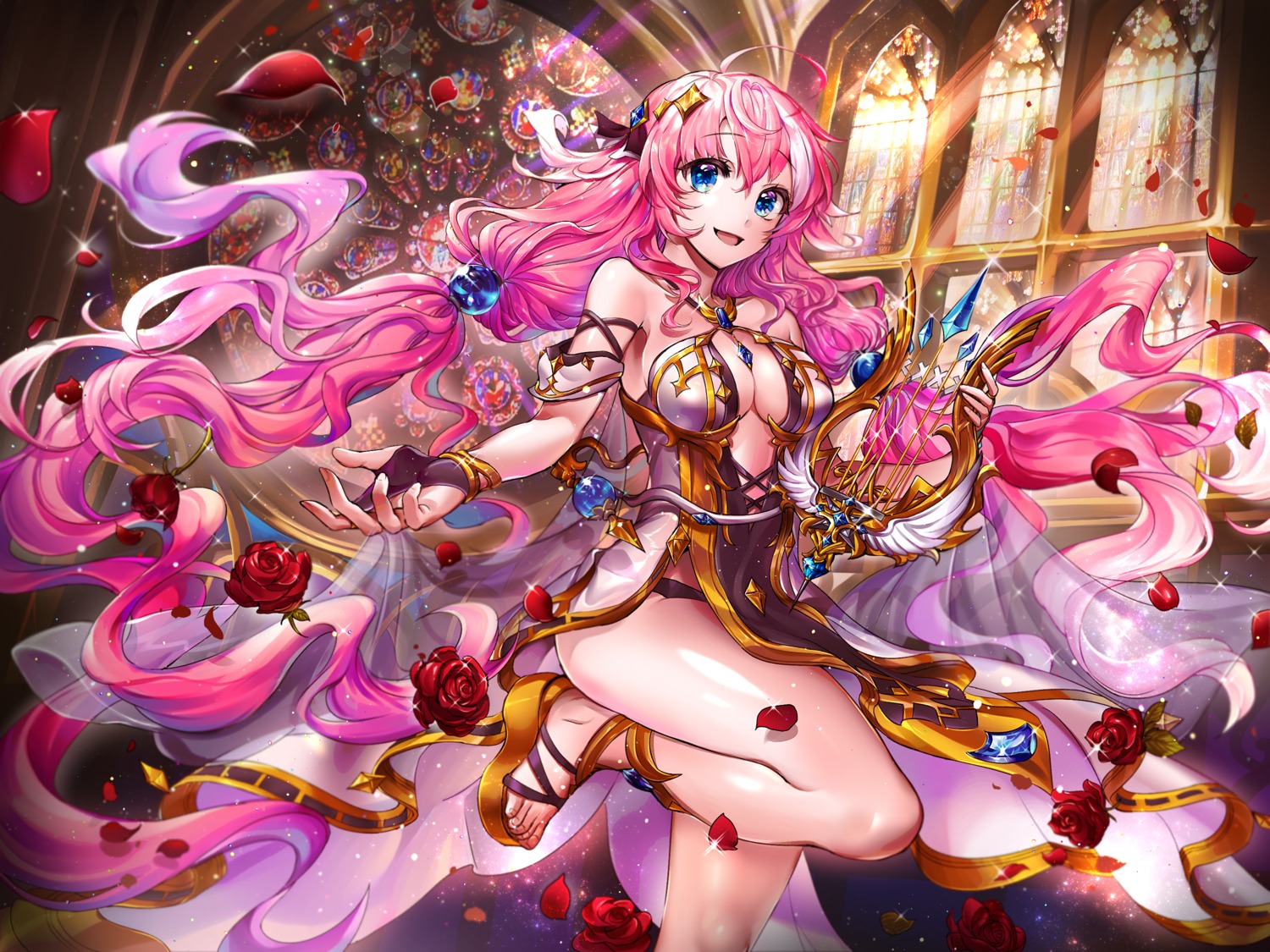 cleavage, dress, heels, king's_raid, no_bra, pantsu, shea_(king's_raid), tagme