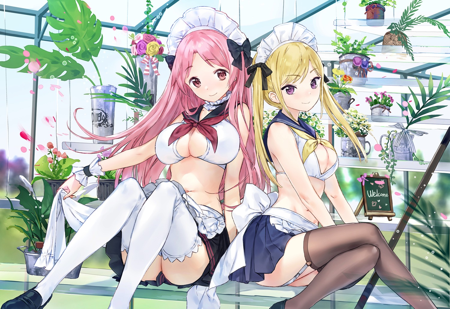 cleavage, macciatto_(aciel02), maid, no_bra, seifuku, stockings, thighhighs