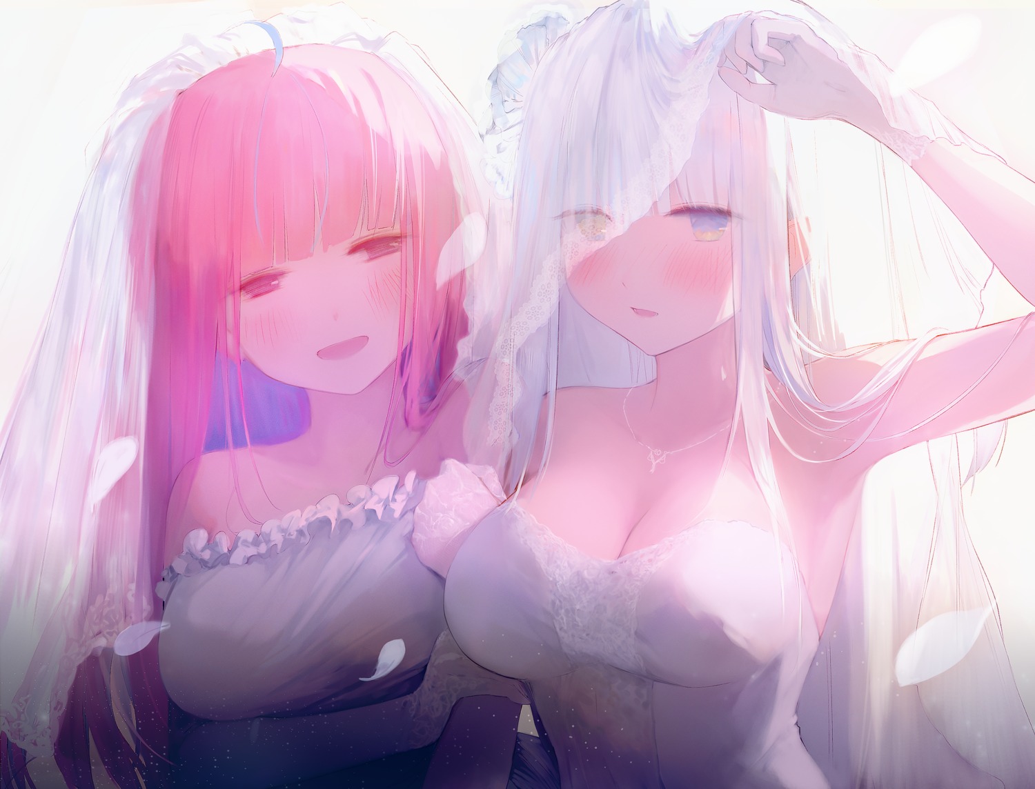 breast_hold, cleavage, crossover, dress, hololive, kagura_mea, kagura_mea_channel, liliespastry, minato_aqua, wedding_dress