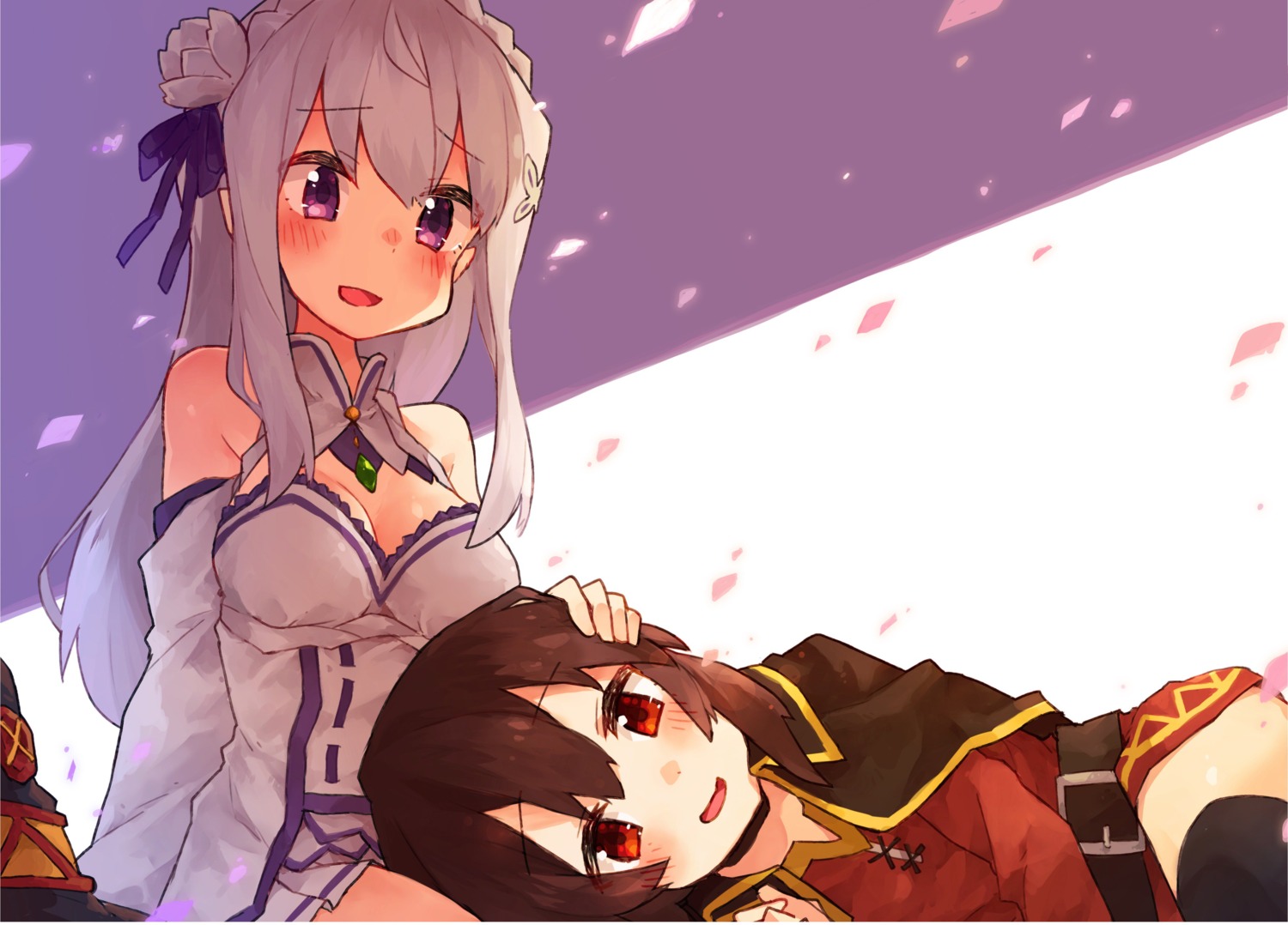 cleavage, crossover, dress, elf, emilia_(re_zero), endcard, isekai_quartet, kono_subarashii_sekai_ni_shukufuku_wo!