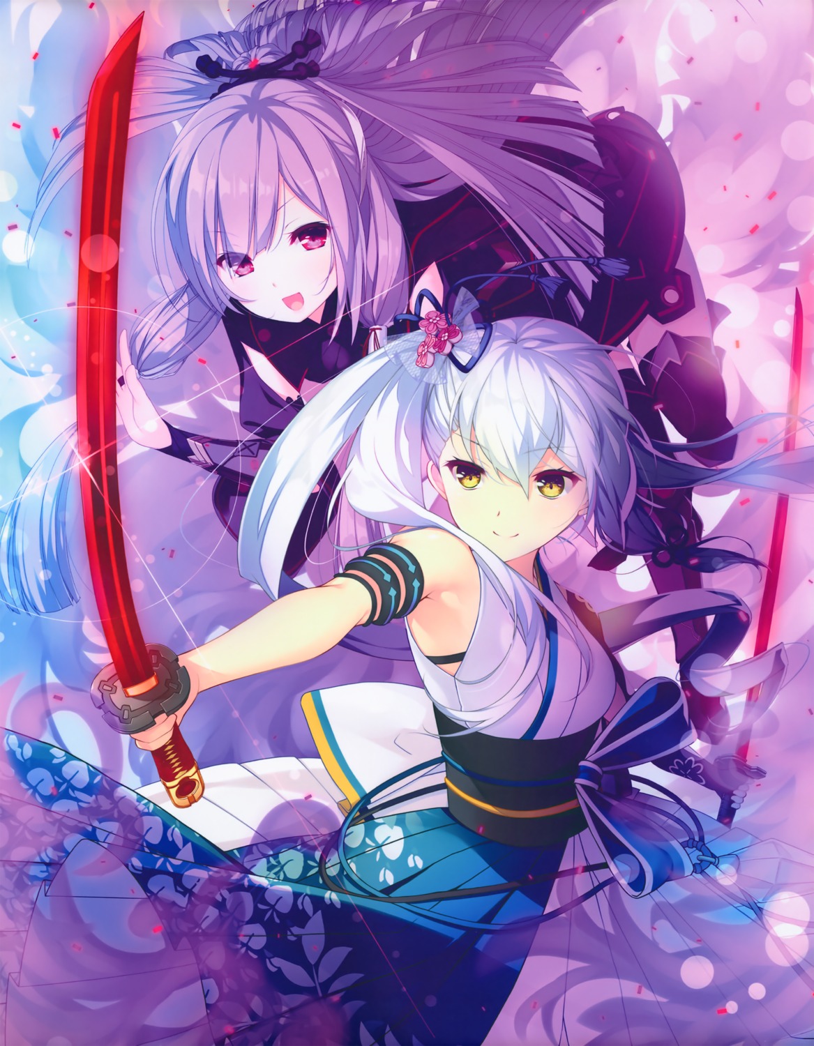 crystalia, japanese_clothes, kaguya_(kizuna_kirameku_koi_iroha), katana_(series), kizuna_kirameku_koi_iroha, kizuna_kirameku_koi_iroha_tsubaki_renka, pero, suzakuin_tsubaki, sword, thighhighs, usume_shirou