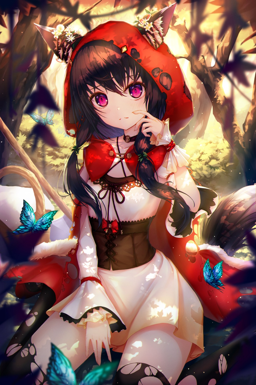 animal_ears, dress, h2o_(dfo), little_red_riding_hood_(character), tail, thighhighs, torn_clothes