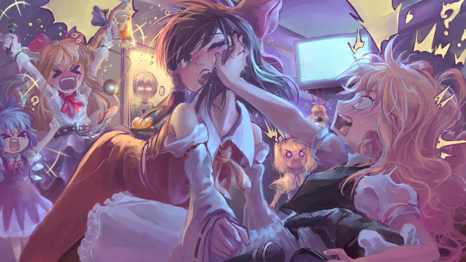 alice_margatroid, cirno, cyasha, dress, hakurei_reimu, ibuki_suika, kirisame_marisa, megane, shanghai_doll, touhou, wallpaper, wings, witch