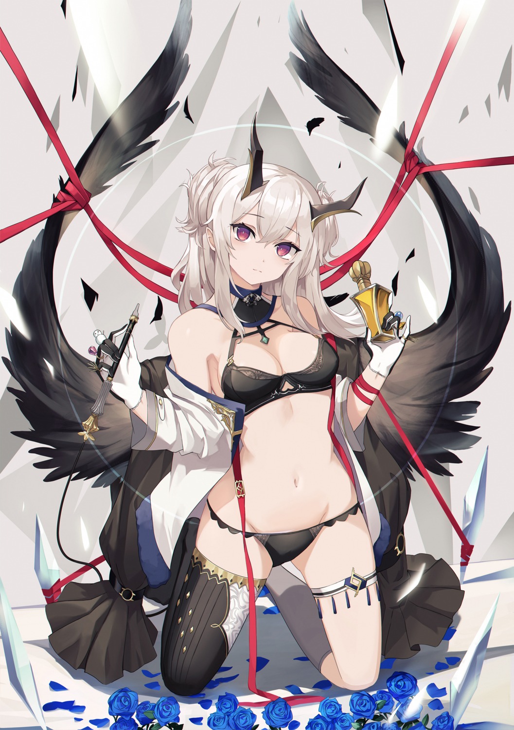 bikini_armor, cleavage, eruthika, garter, horns, open_shirt, pointy_ears, thighhighs