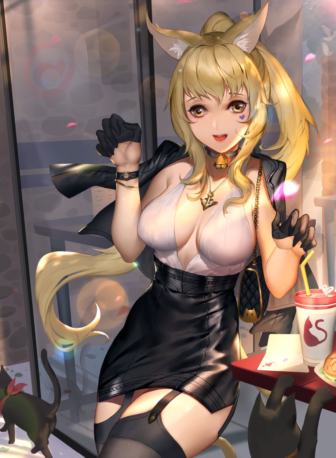 animal_ears, ayanami_(azur_lane), azur_lane, cleavage, itoucon, neko, no_bra, stockings