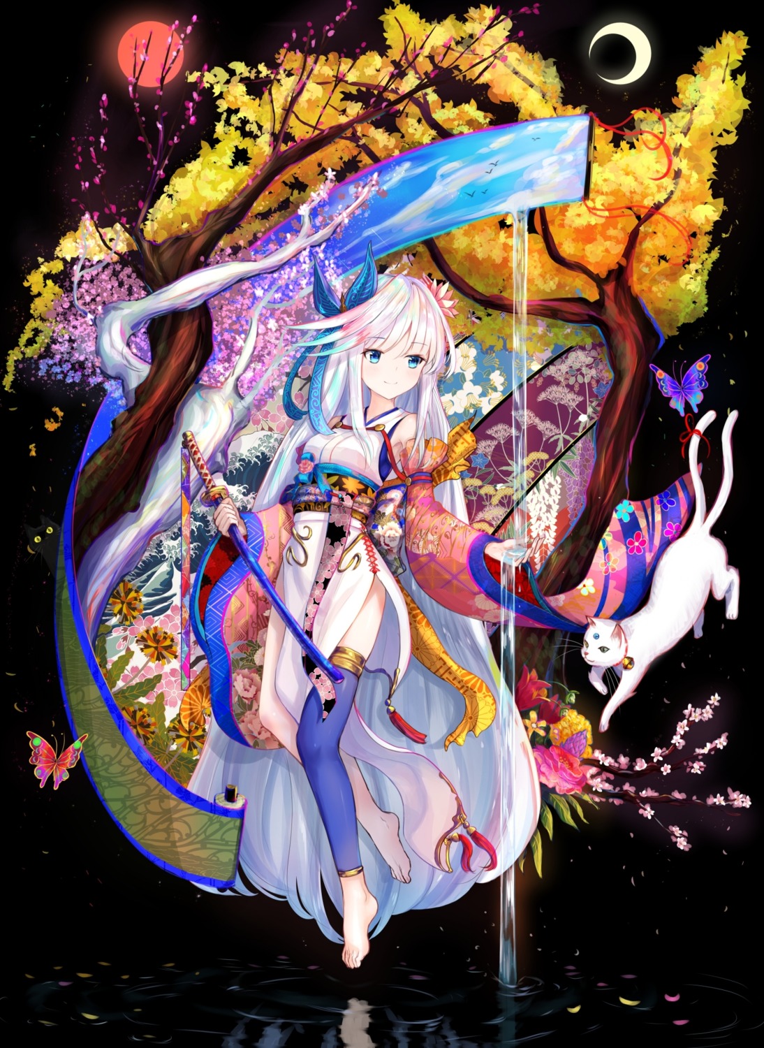 alphatitus, heterochromia, japanese_clothes, neko, sword, thighhighs, wet