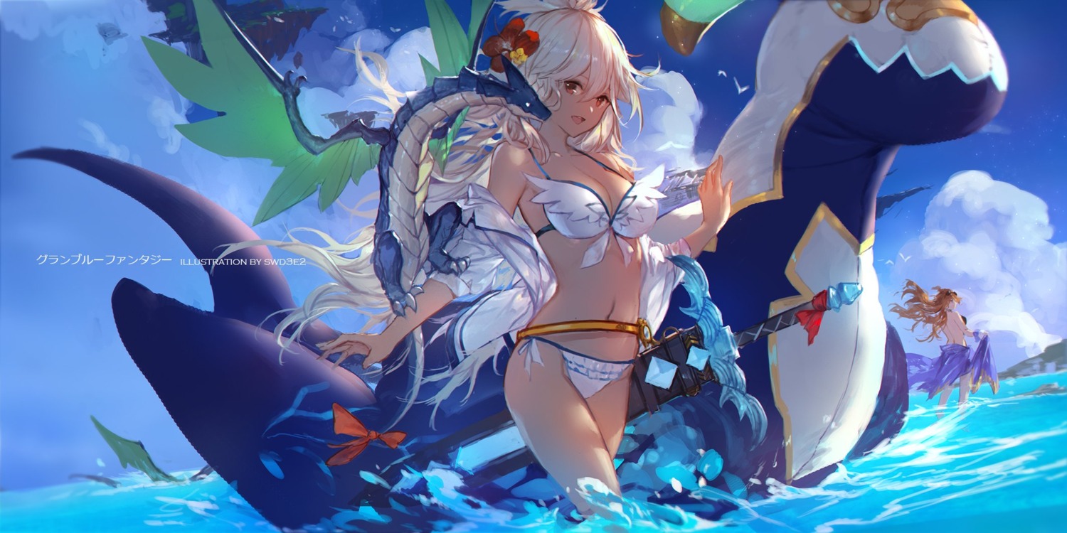 bikini, cleavage, granblue_fantasy, monster, open_shirt, skirt_lift, swd3e2, swimsuits