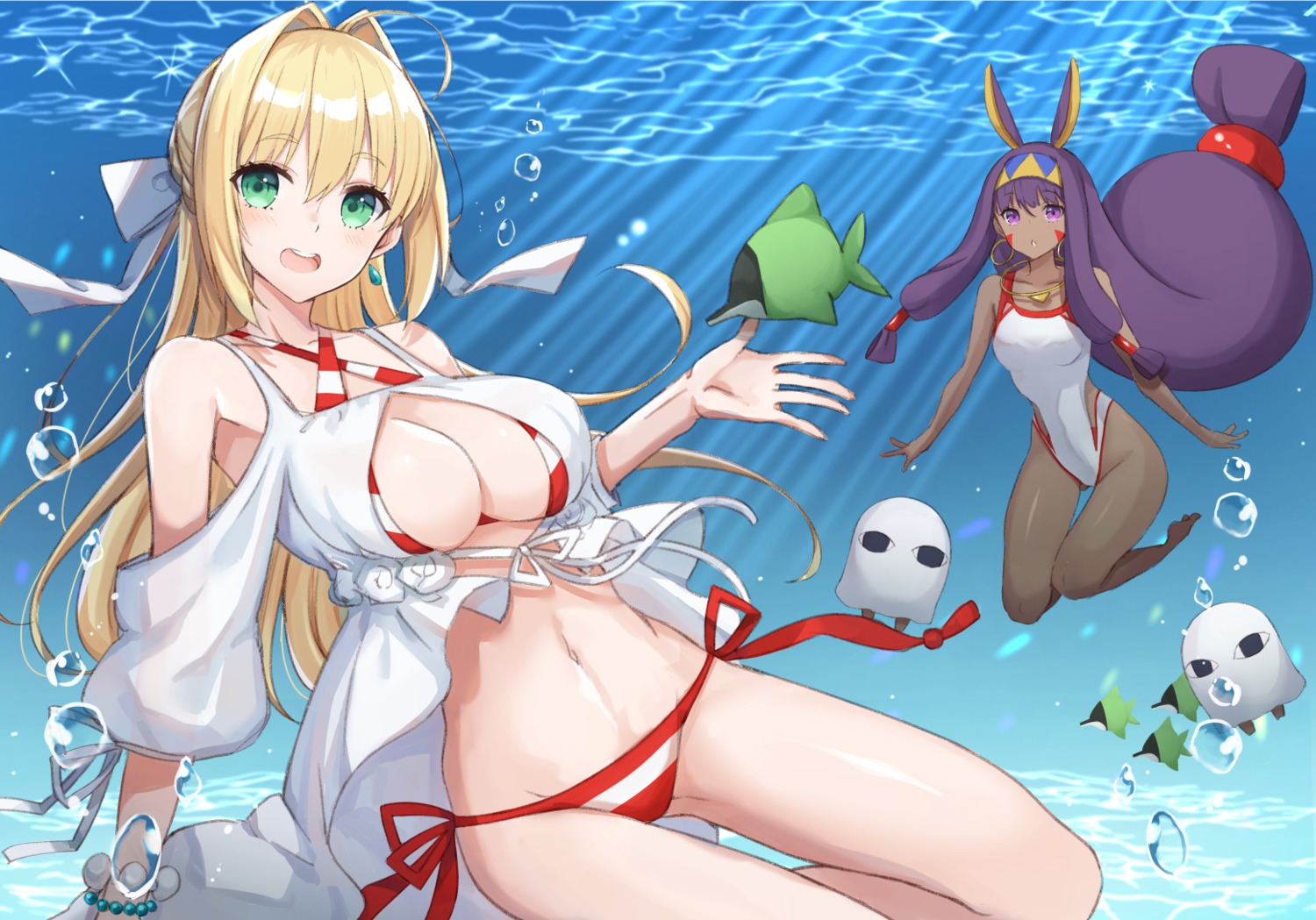 animal_ears, bikini, bunny_ears, fate/grand_order, nero_claudius_(fate), nitocris_(fate), open_shirt, swimsuits