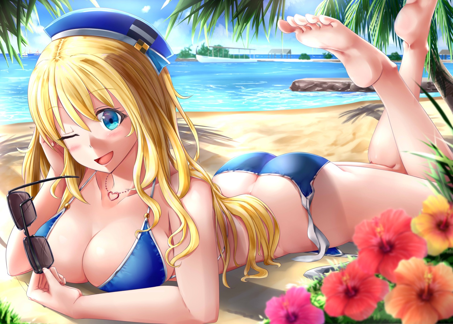 ass, atago_(kancolle), ayakase_hotaru, bikini, cleavage, feet, kantai_collection, megane
