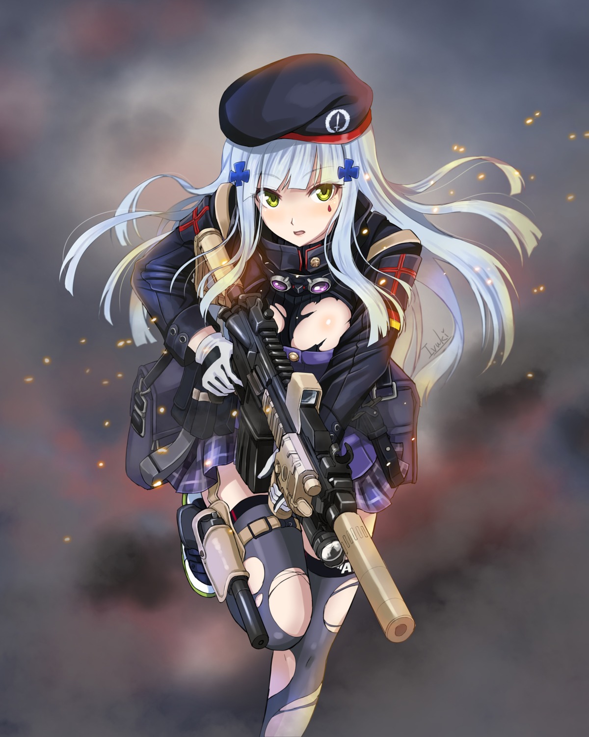 girls_frontline, gun, hk416_(girls_frontline), ivuki, no_bra, thighhighs, torn_clothes
