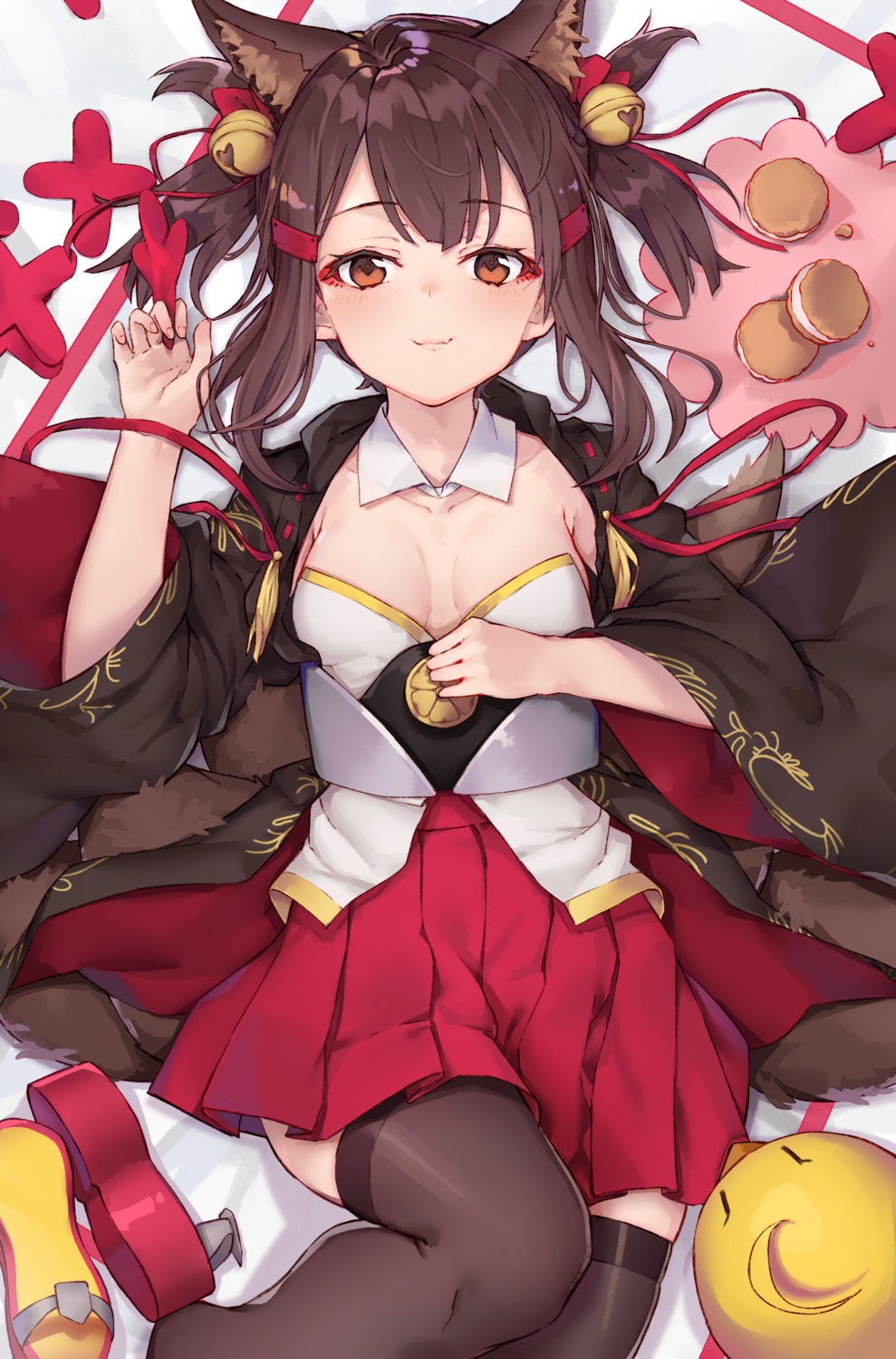 akagi-chan_(azur_lane), akagi_(azur_lane), animal_ears, azur_lane, black_cola, japanese_clothes, kitsune, manjuu_(azur_lane), no_bra, tail, thighhighs