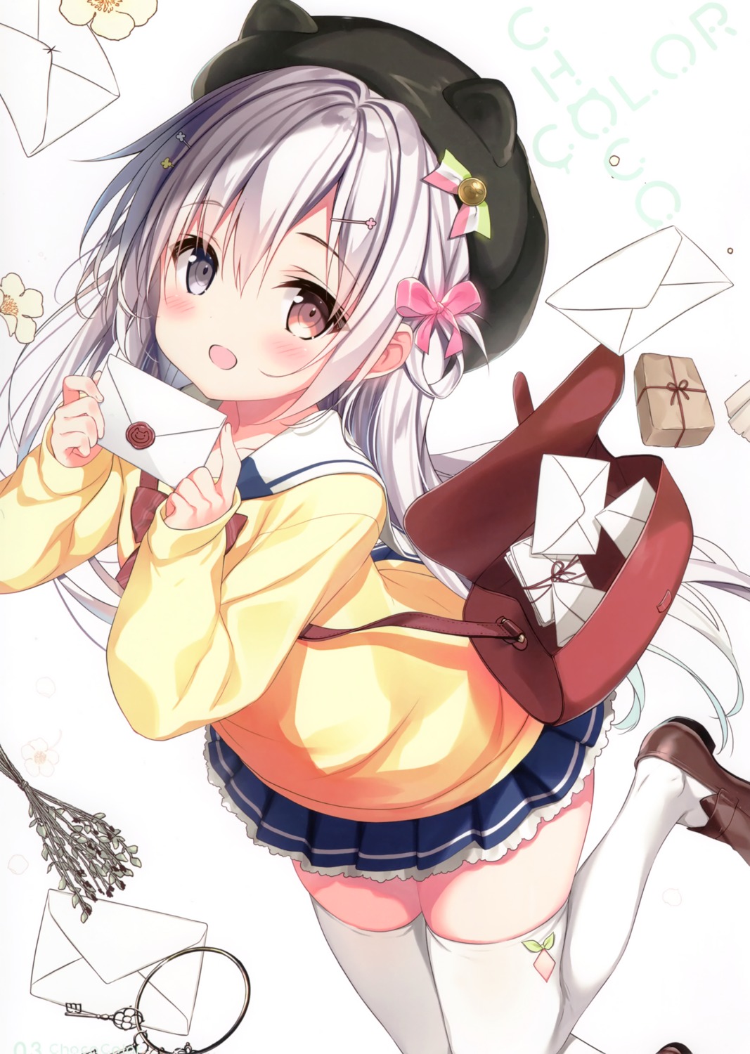 chocolate_cube, heels, heterochromia, miwa_futaba, seifuku, sweater, thighhighs