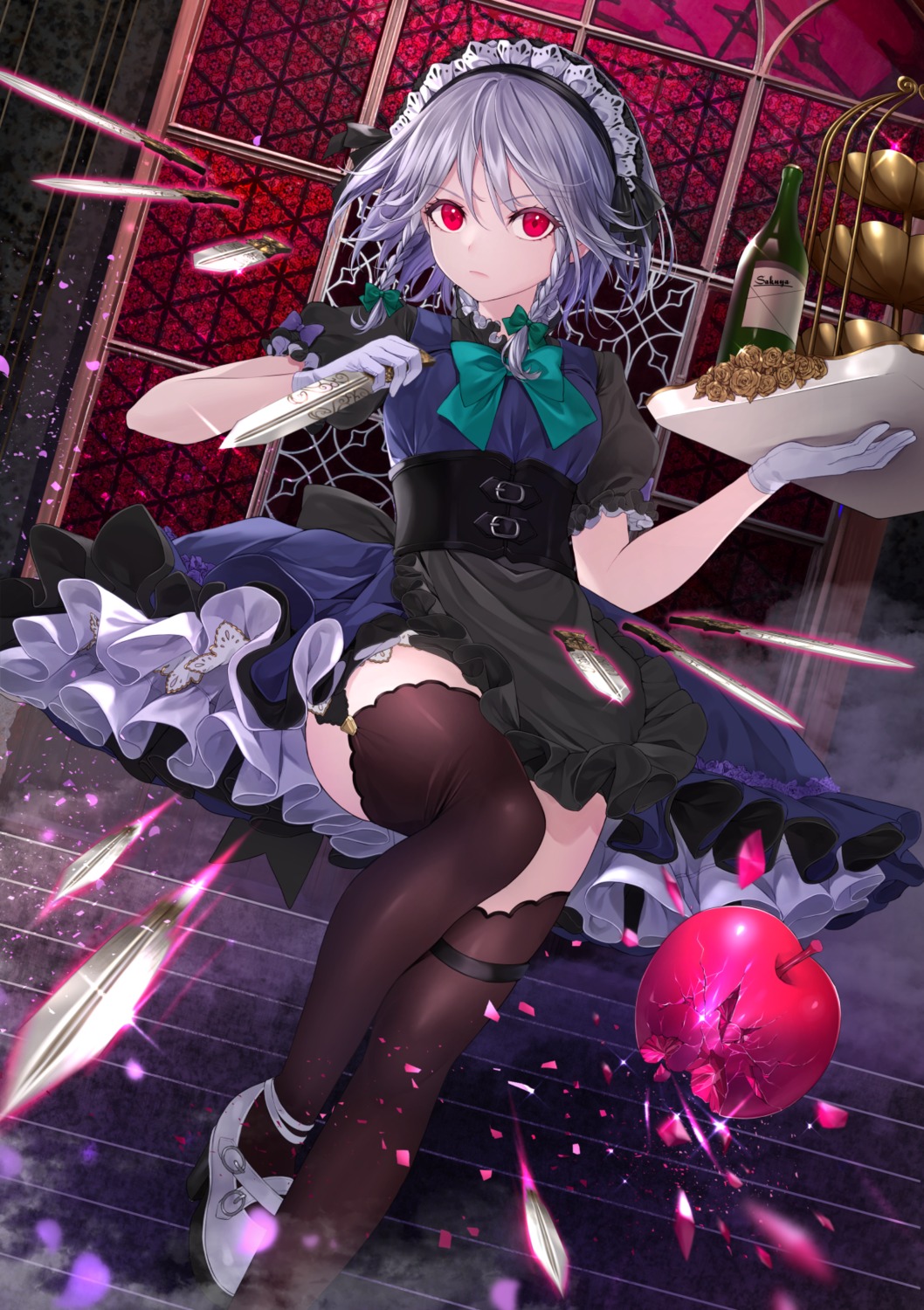 heels, izayoi_sakuya, komazuki_(komaworks240), maid, stockings, thighhighs, touhou, weapon