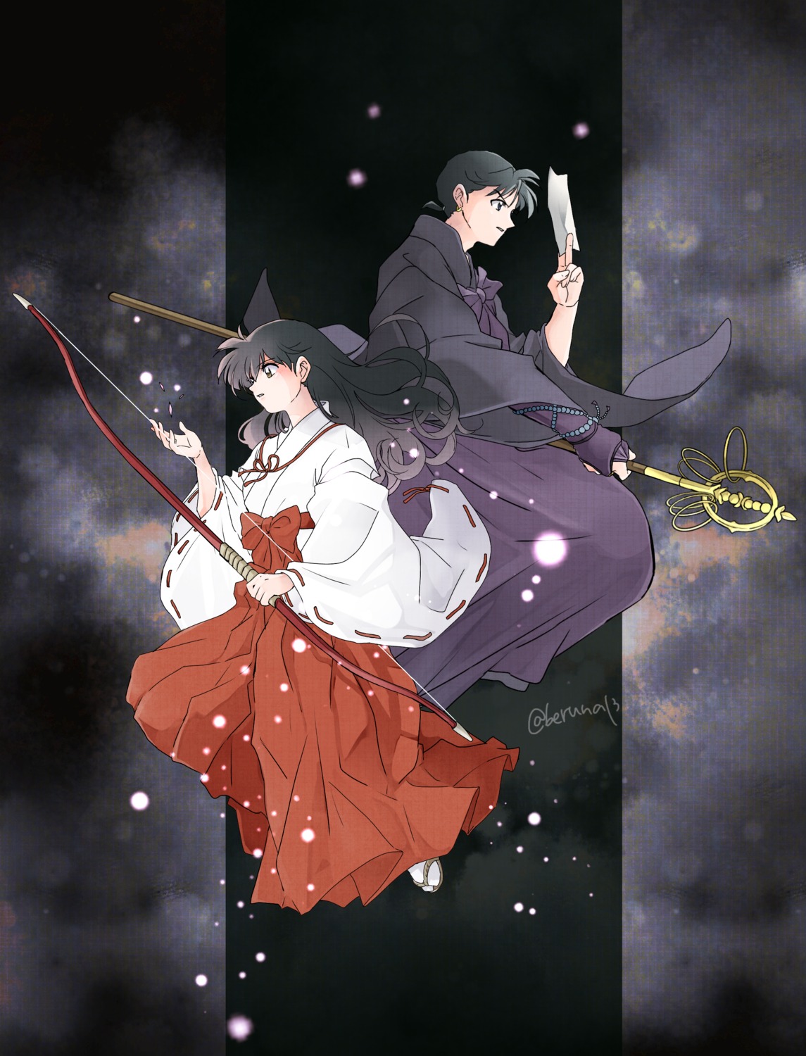 asian_clothes, higurashi_kagome, inuko_(pixiv_6096383), inuyasha, miko, miroku, weapon