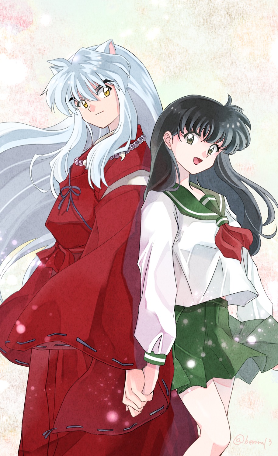 animal_ears, higurashi_kagome, inuko_(pixiv_6096383), inumimi, inuyasha, inuyasha_(character), japanese_clothes, seifuku