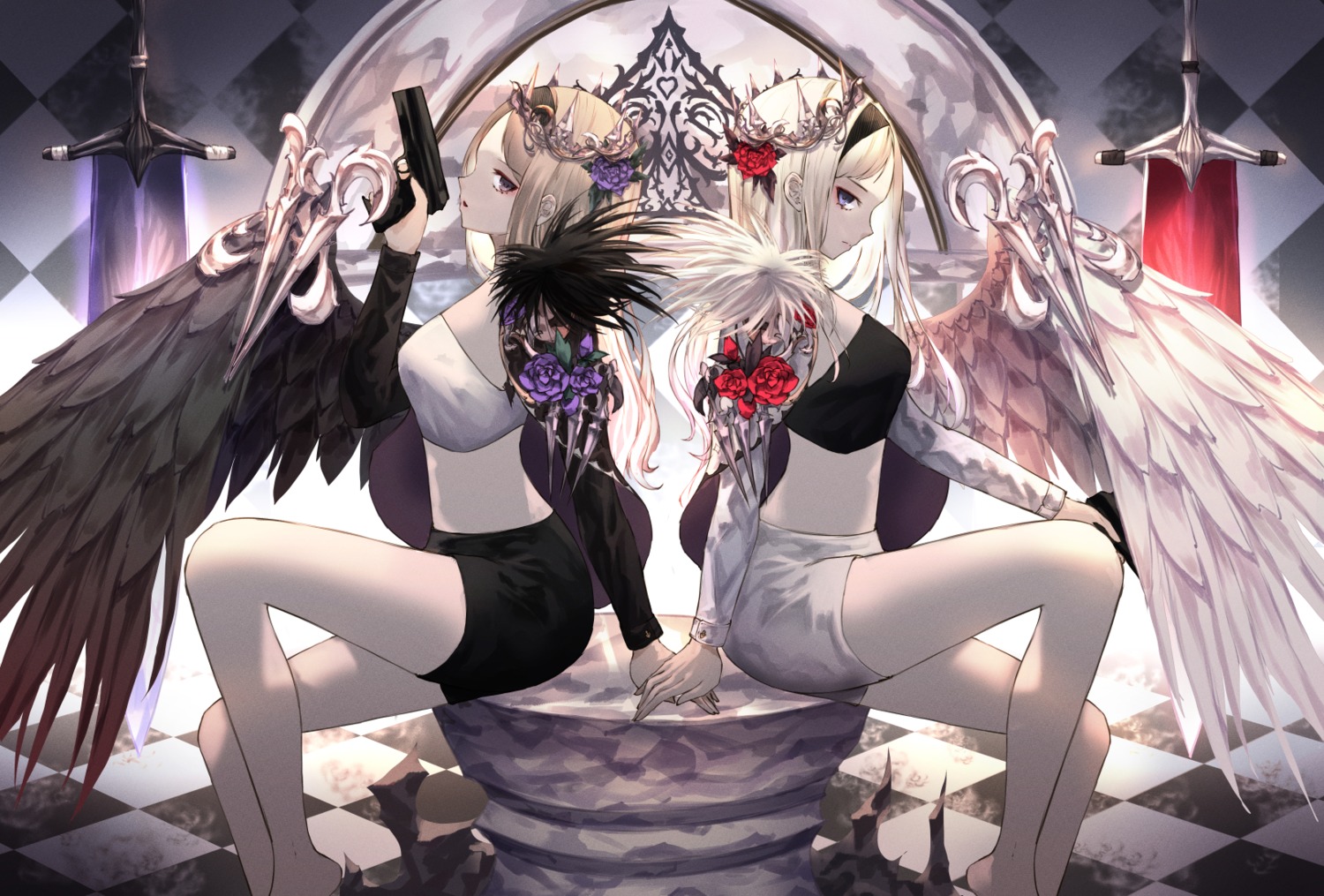 gun, neon_(pixiv_31150749), sword, wings