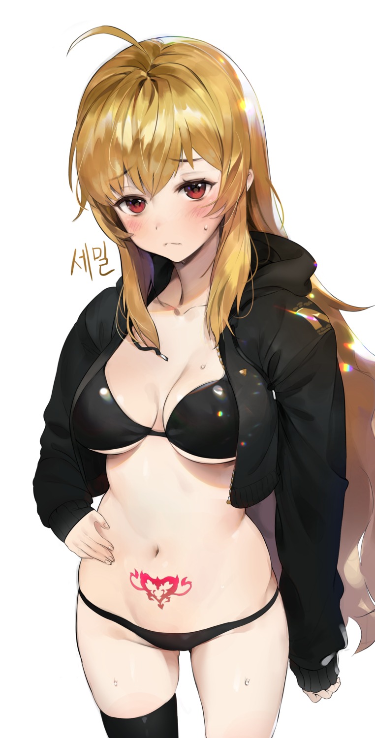 bikini, cleavage, open_shirt, swimsuits, tattoo, thighhighs, underboob, uthy