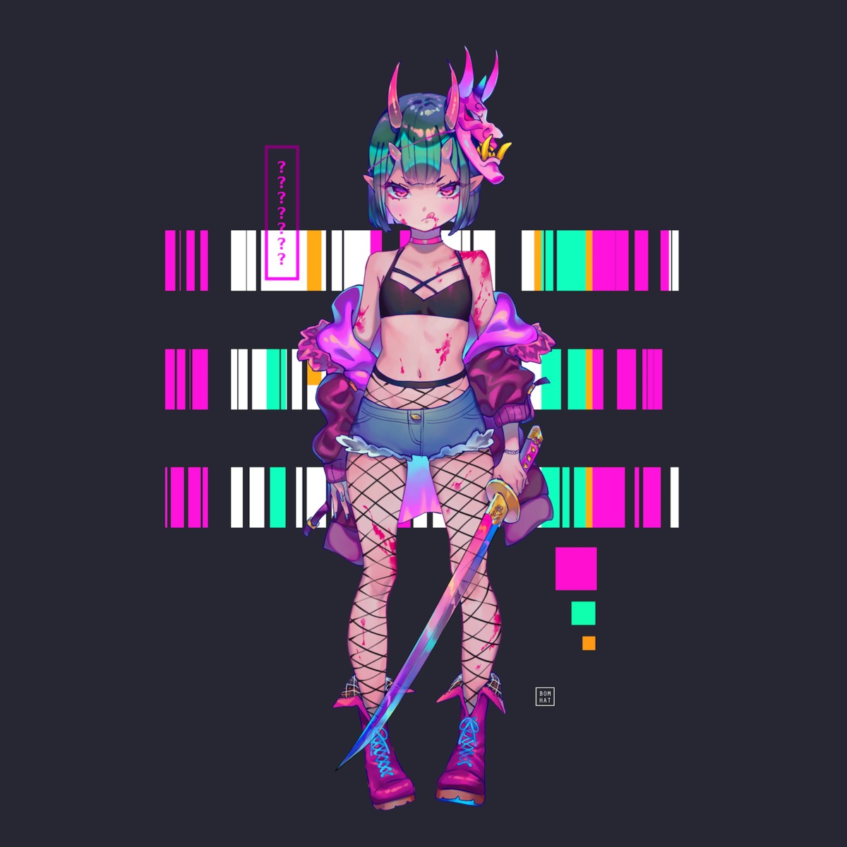 bomhat, bra, cleavage, fishnets, horns, open_shirt, pantyhose, pointy_ears