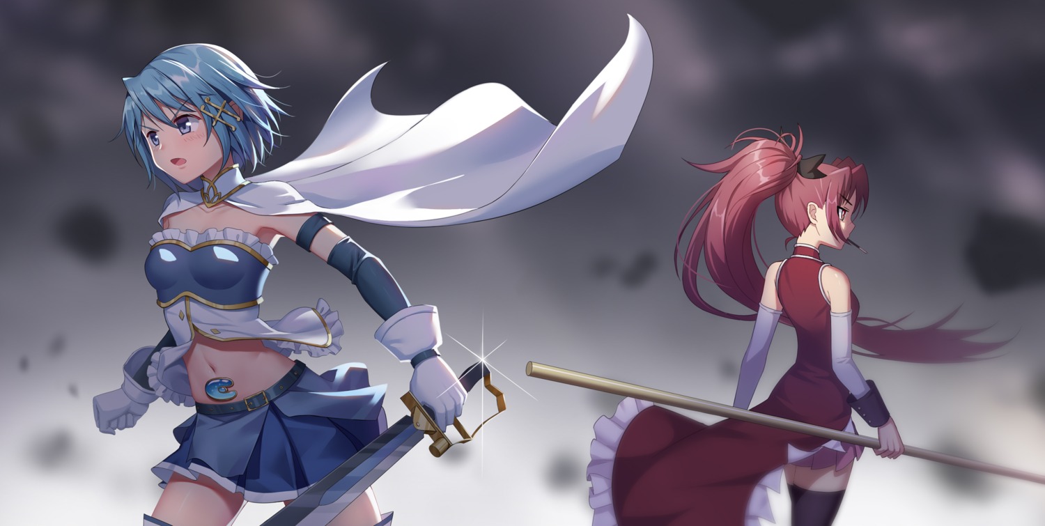 du_mogu, mahou_shoujo_madoka_magica, miki_sayaka, sakura_kyouko, sword, thighhighs, weapon