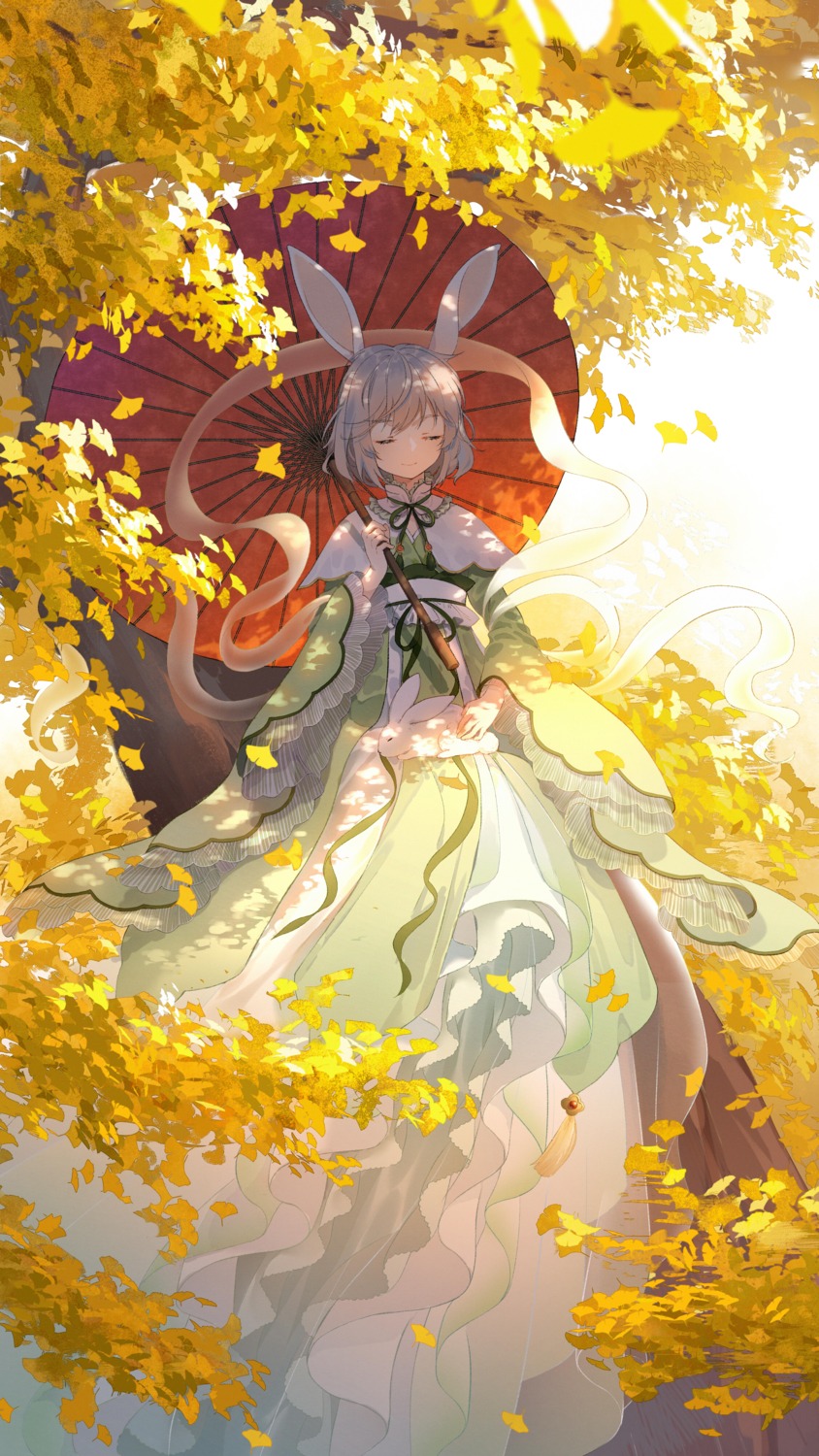 3000kojun, animal_ears, asian_clothes, bunny_ears, see_through, umbrella