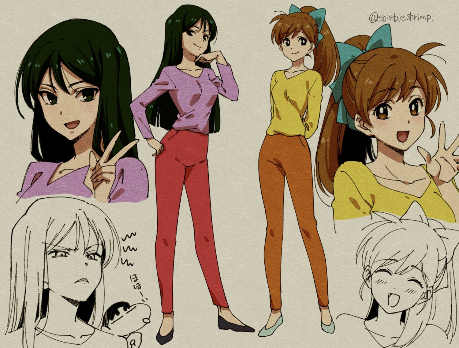 crayon_shin-chan, heels, ishikaza_midori, matsuzaka_ume, nohara_shinnosuke, paper_texture, shuri_(84k), sketch