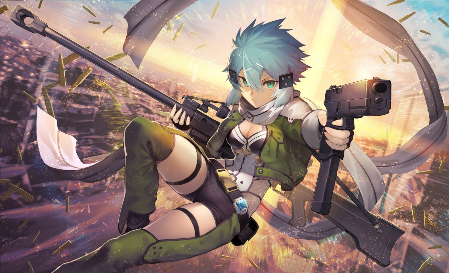 cleavage, garter, gun, nakamura_eight, sinon, sword_art_online