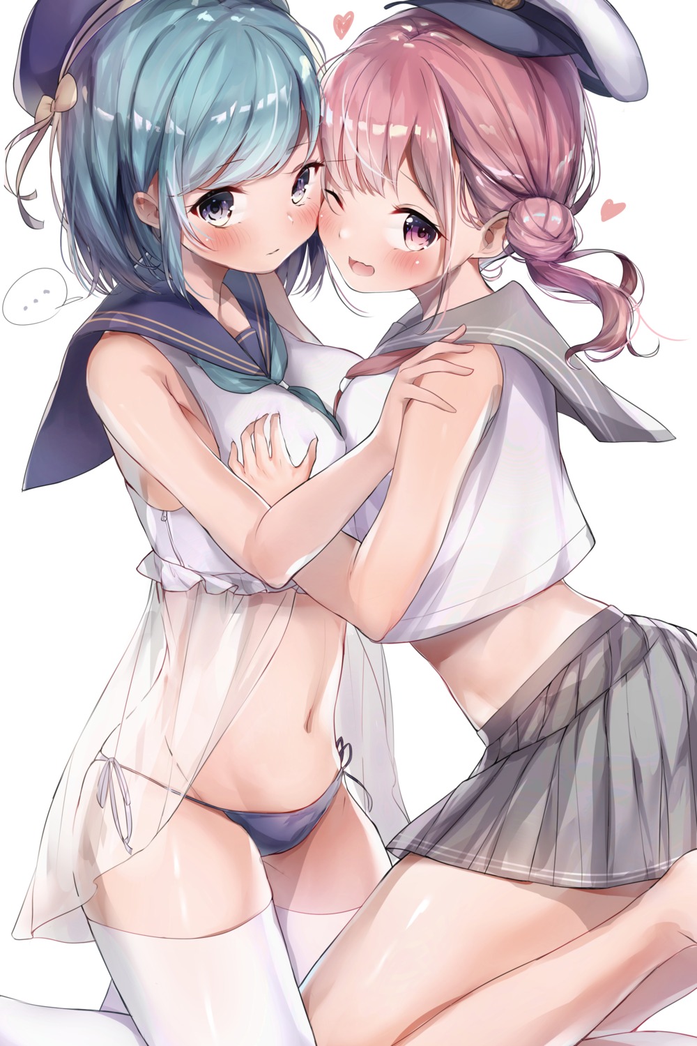 breast_hold, lingerie, mochi_nabe, pantsu, see_through, seifuku, string_panties, symmetrical_docking, thighhighs, yuri
