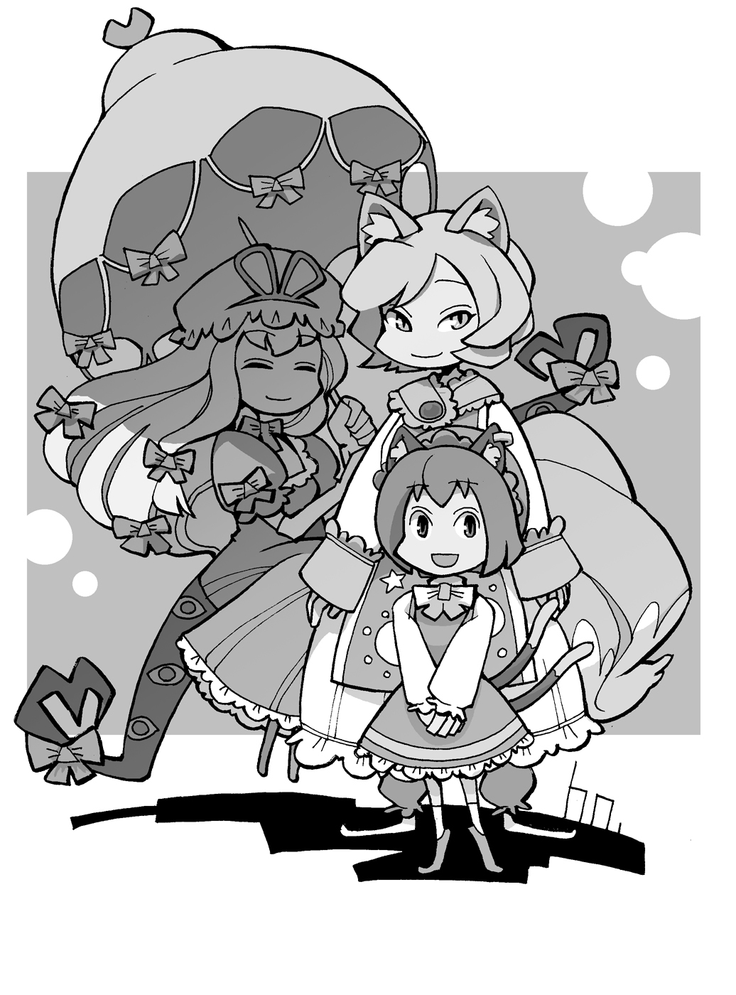 animal_ears, chen, hounori, monochrome, touhou, yakumo_ran, yakumo_yukari