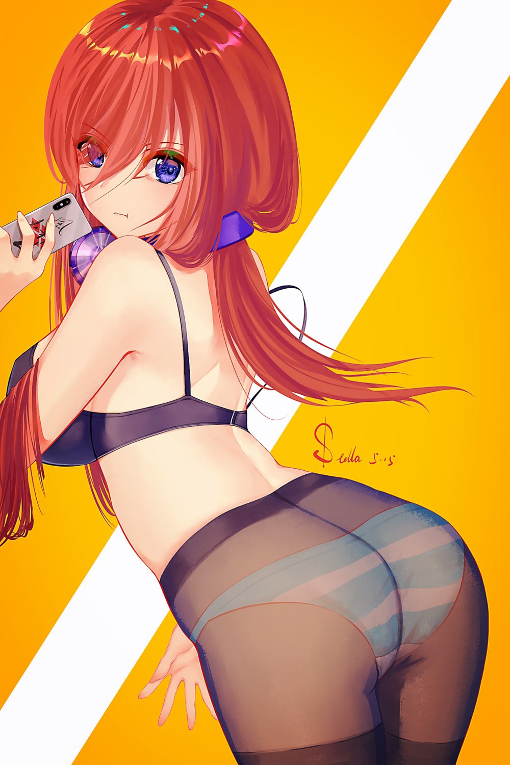 5-toubun_no_hanayome, ass, bra, headphones, nakano_miku, pantsu, pantyhose, shimapan, stellanfleuret
