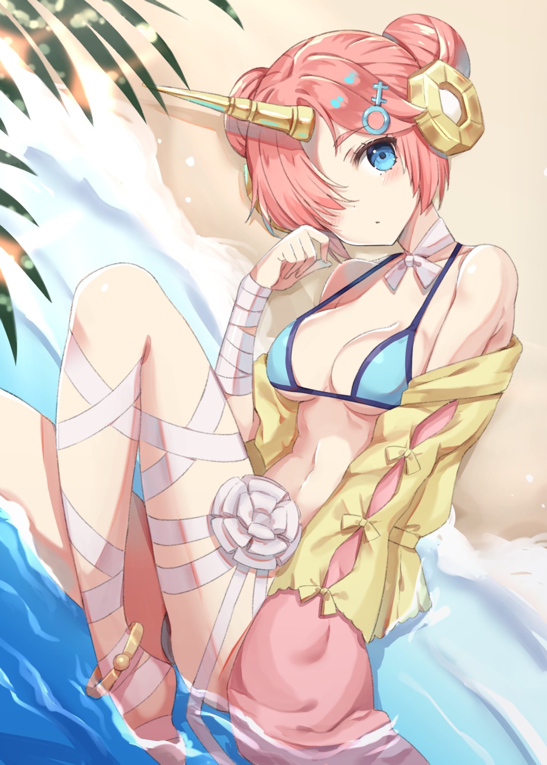 bandages, bikini, fate/grand_order, frankenstein's_monster_(fate), horns, open_shirt, swimsuits, wet