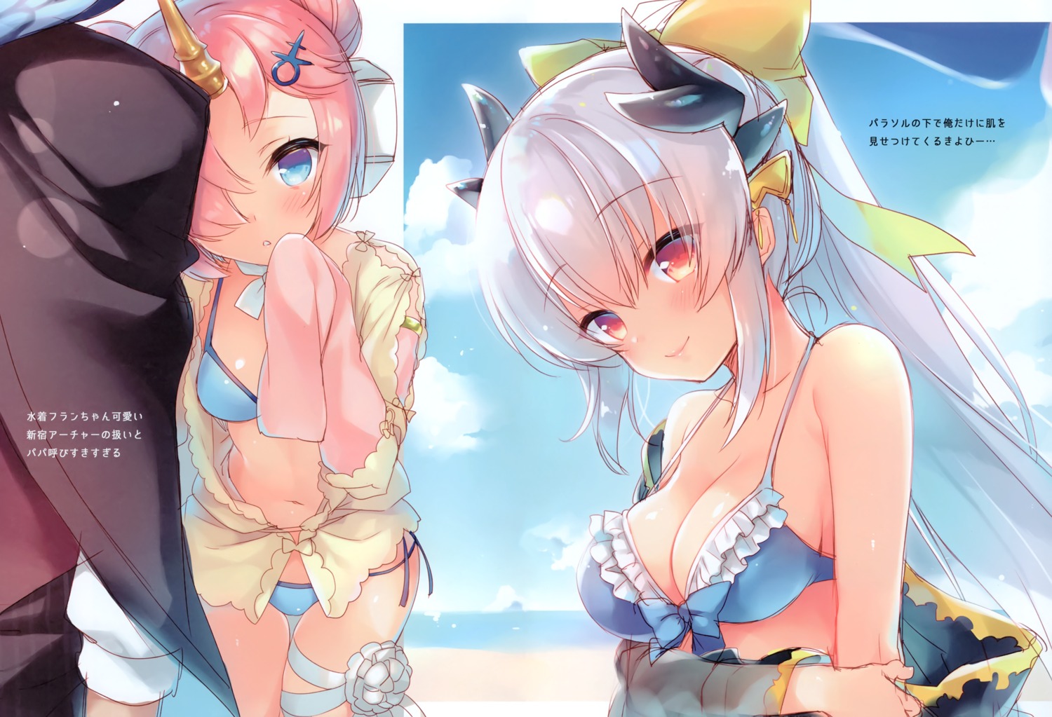 23.4°, bikini, bikini_top, cleavage, fate/grand_order, frankenstein's_monster_(fate), garter, horns, ichiri, kiyohime_(fate), open_shirt, swimsuits