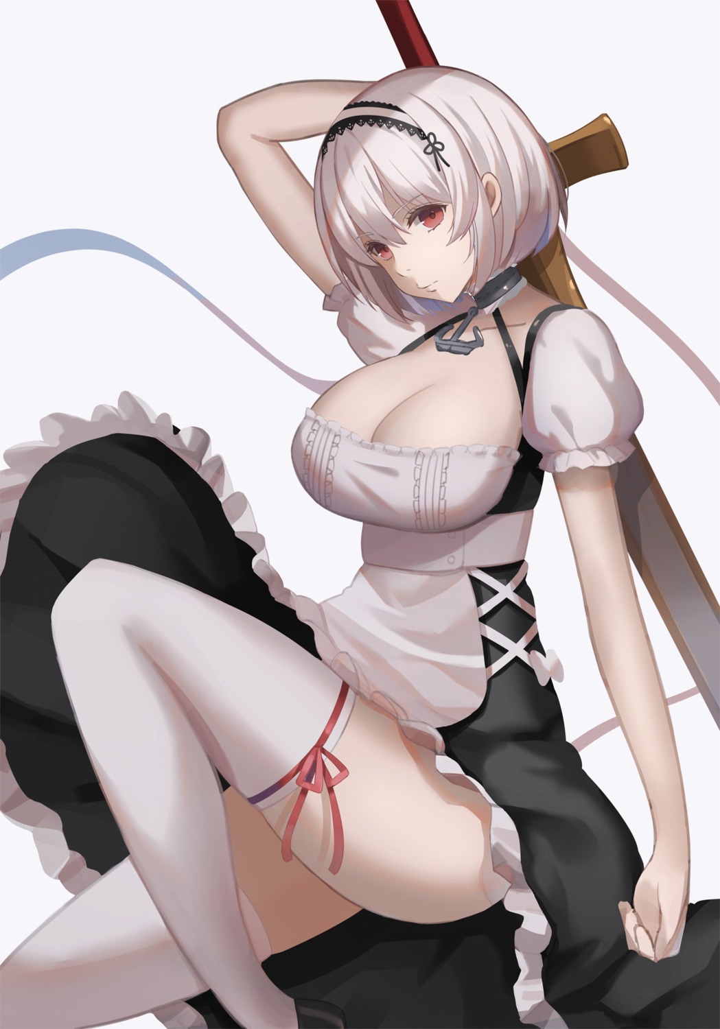 azur_lane, cleavage, maid, sirius_(azur_lane), skirt_lift, sword, thighhighs, yuzu-aki