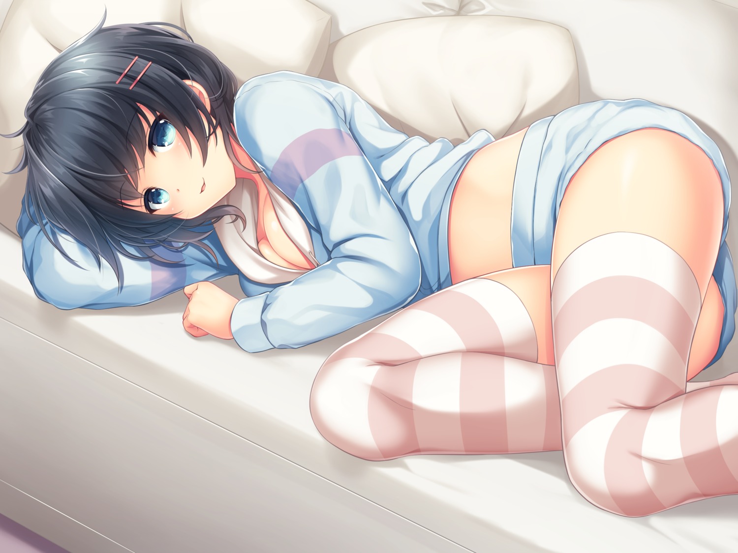 breast_hold, cleavage, nametakenoko, no_bra, open_shirt, pajama, thighhighs