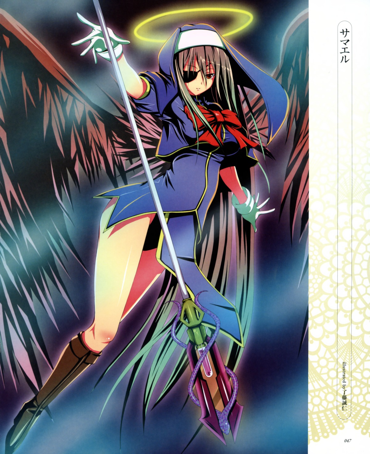 angel, eyepatch, nun, pantsu, satofuji_masato, weapon, wings