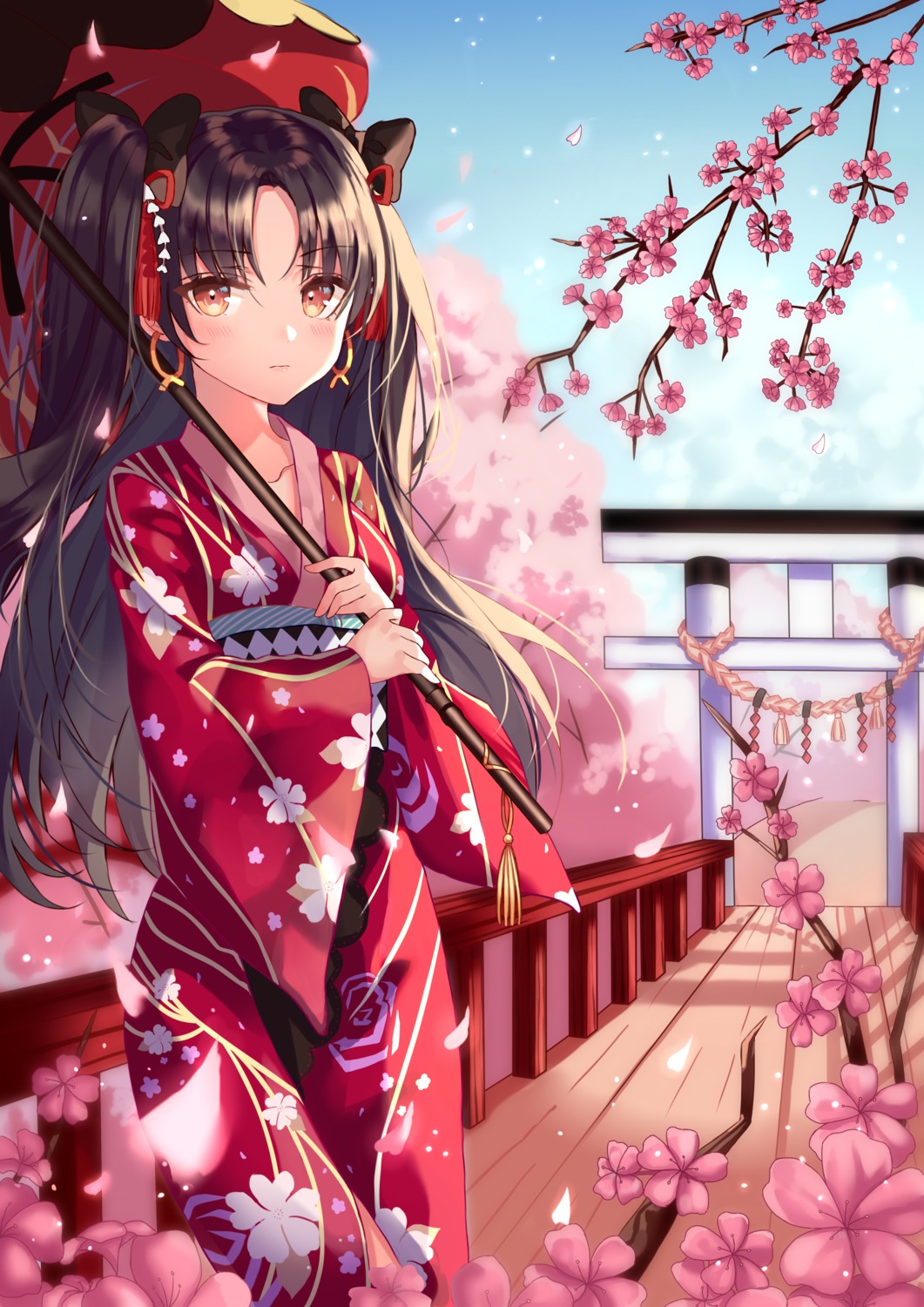 fate/grand_order, ishtar_(fate), kimono, shaffelli, umbrella