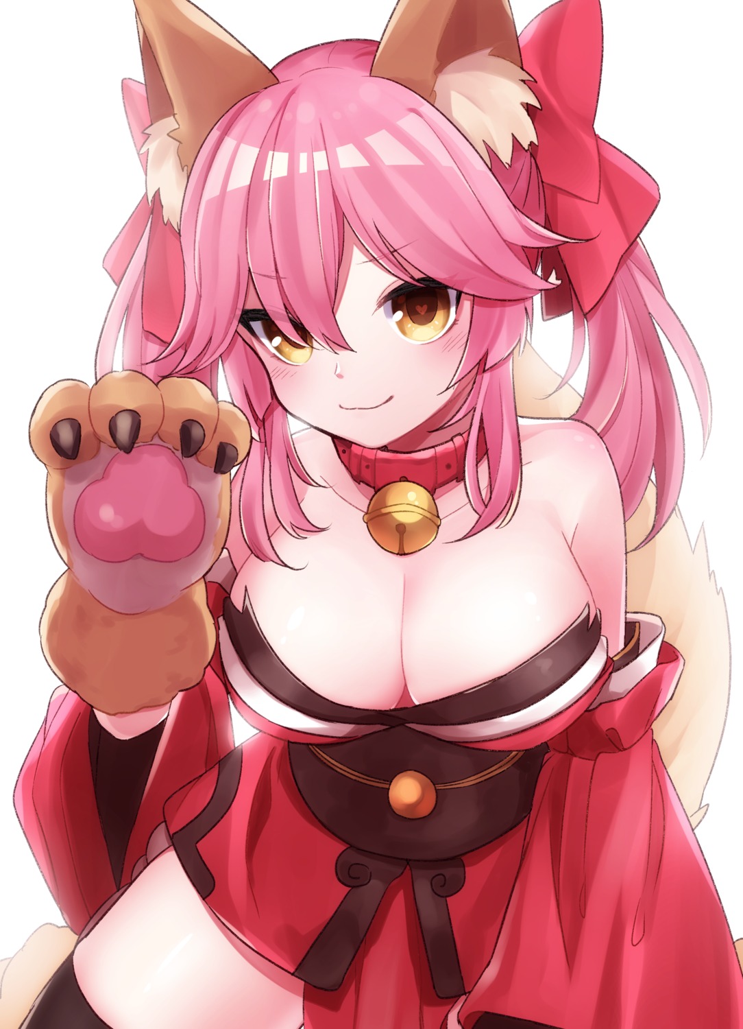 animal_ears, cleavage, fate/grand_order, japanese_clothes, kitsune, soramame_pikuto, tail, tamamo_cat, thighhighs