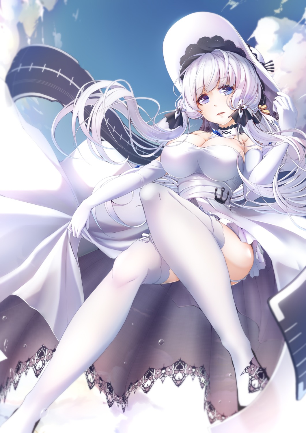 azur_lane, cleavage, dress, illustrious_(azur_lane), imo_bouya, skirt_lift, stockings, thighhighs