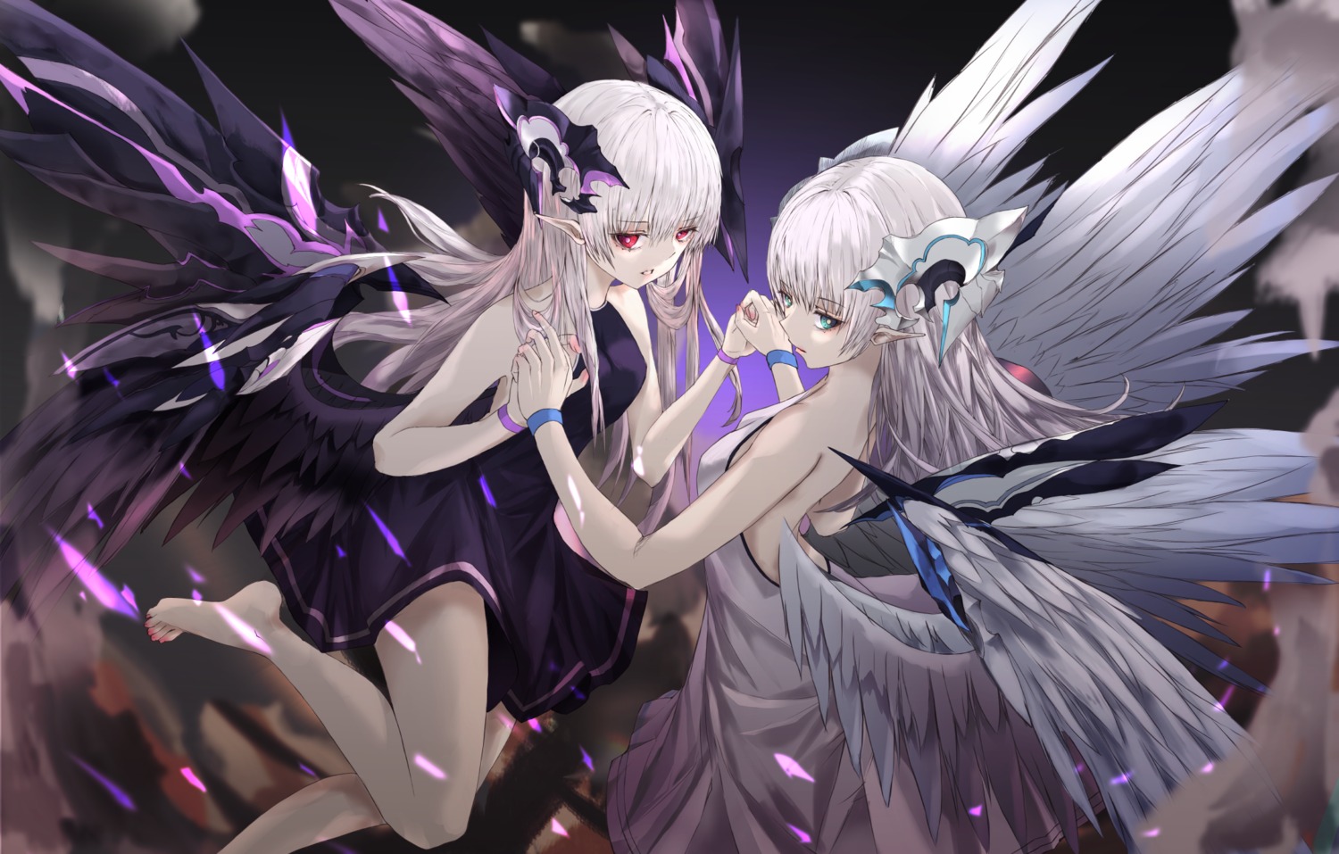 dress, neon_(pixiv_31150749), no_bra, pointy_ears, wings