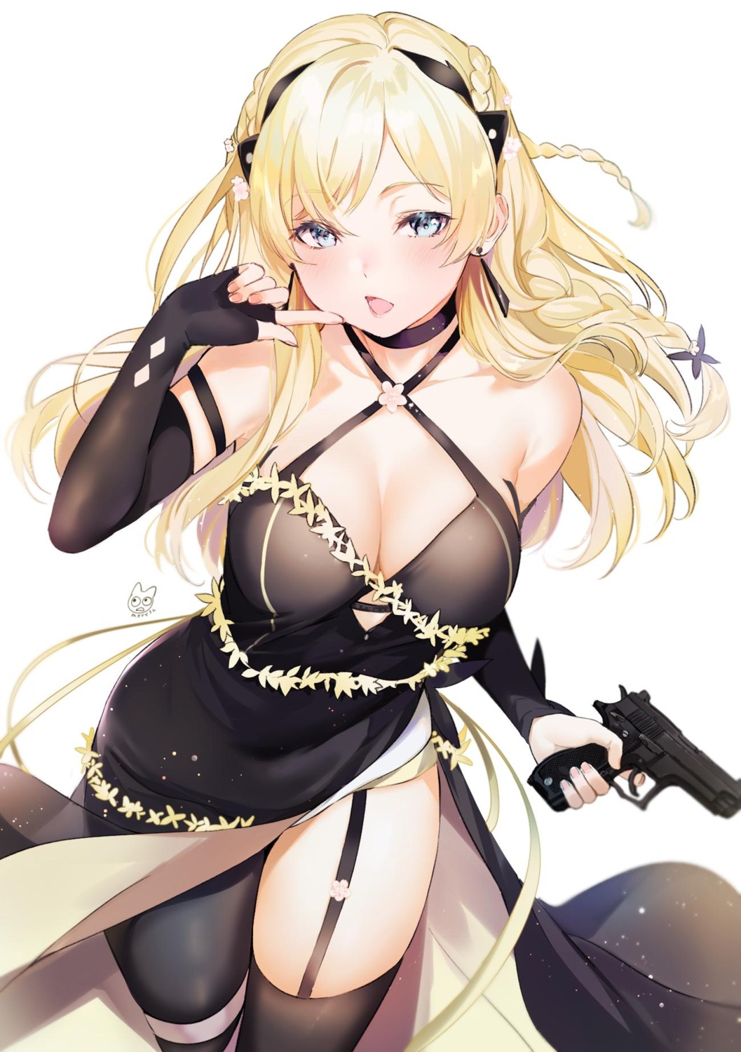 cleavage, dress, garter, girls_frontline, gun, k5_(girls_frontline), mery_(yangmalgage), skirt_lift, stockings, thighhighs