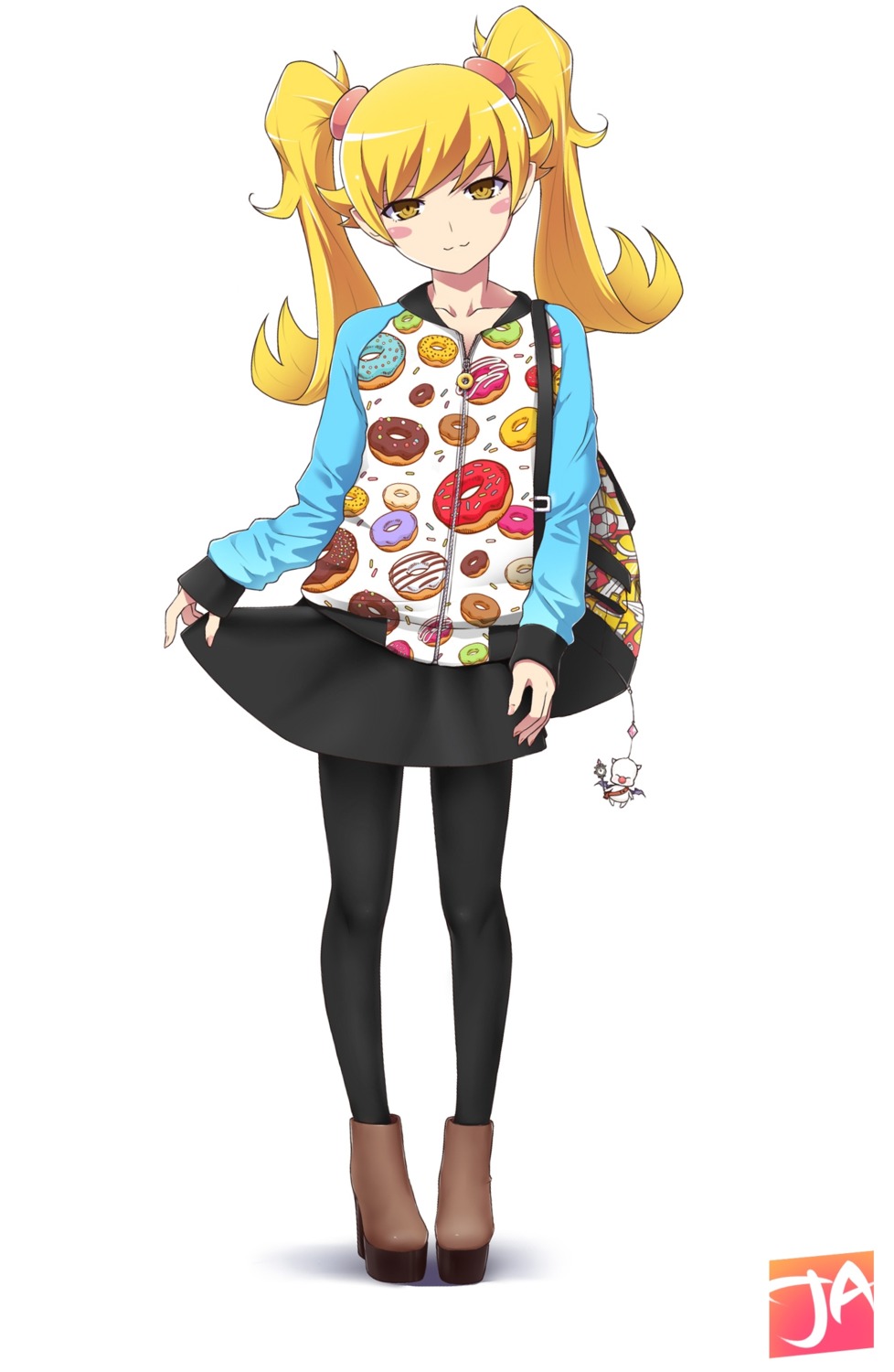 bakemonogatari, heels, horns, j_adsen, monogatari_(series), monster, oshino_shinobu, pantyhose, pointy_ears, skirt_lift, sweater, weapon, wings