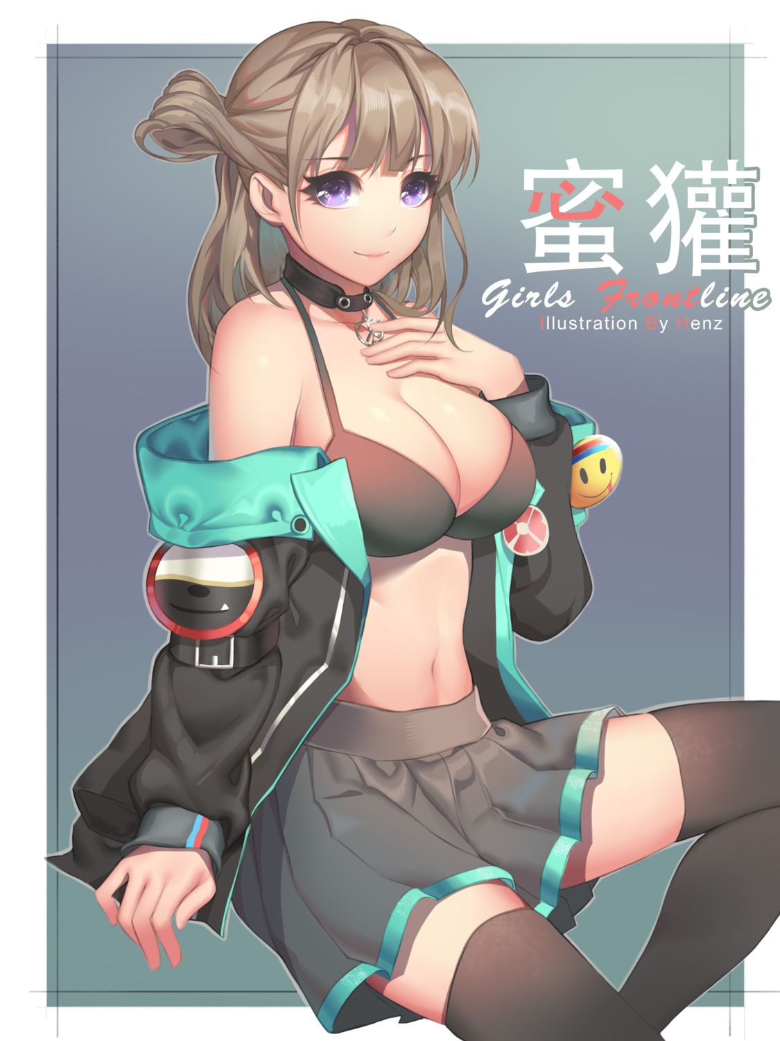 bra, breast_hold, cleavage, girls_frontline, henz, honey_badger_(girls_frontline), open_shirt, thighhighs