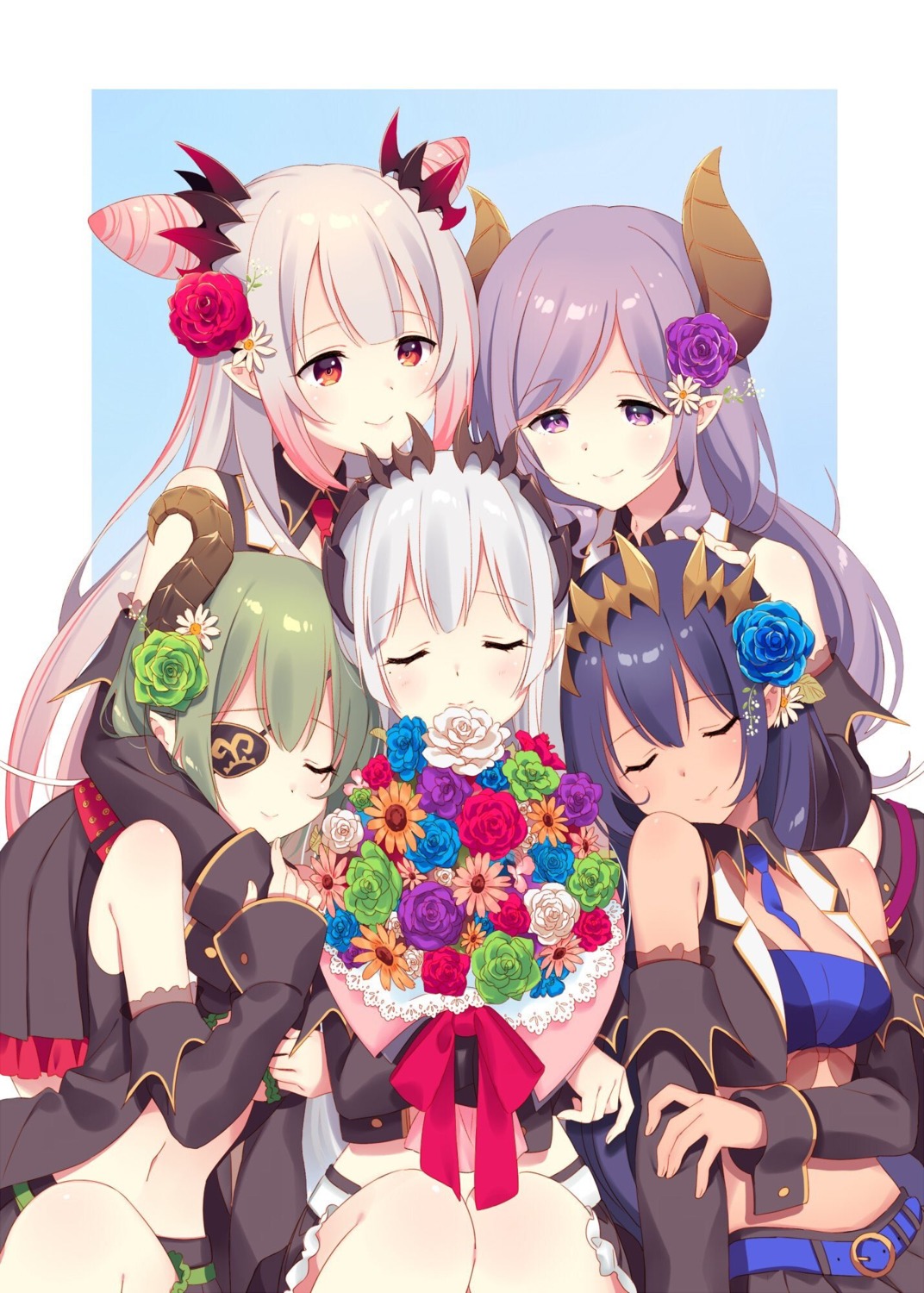 breast_hold, cleavage, eyepatch, honey_strap, horns, nanashi_inc., pointy_ears, saionji_mary