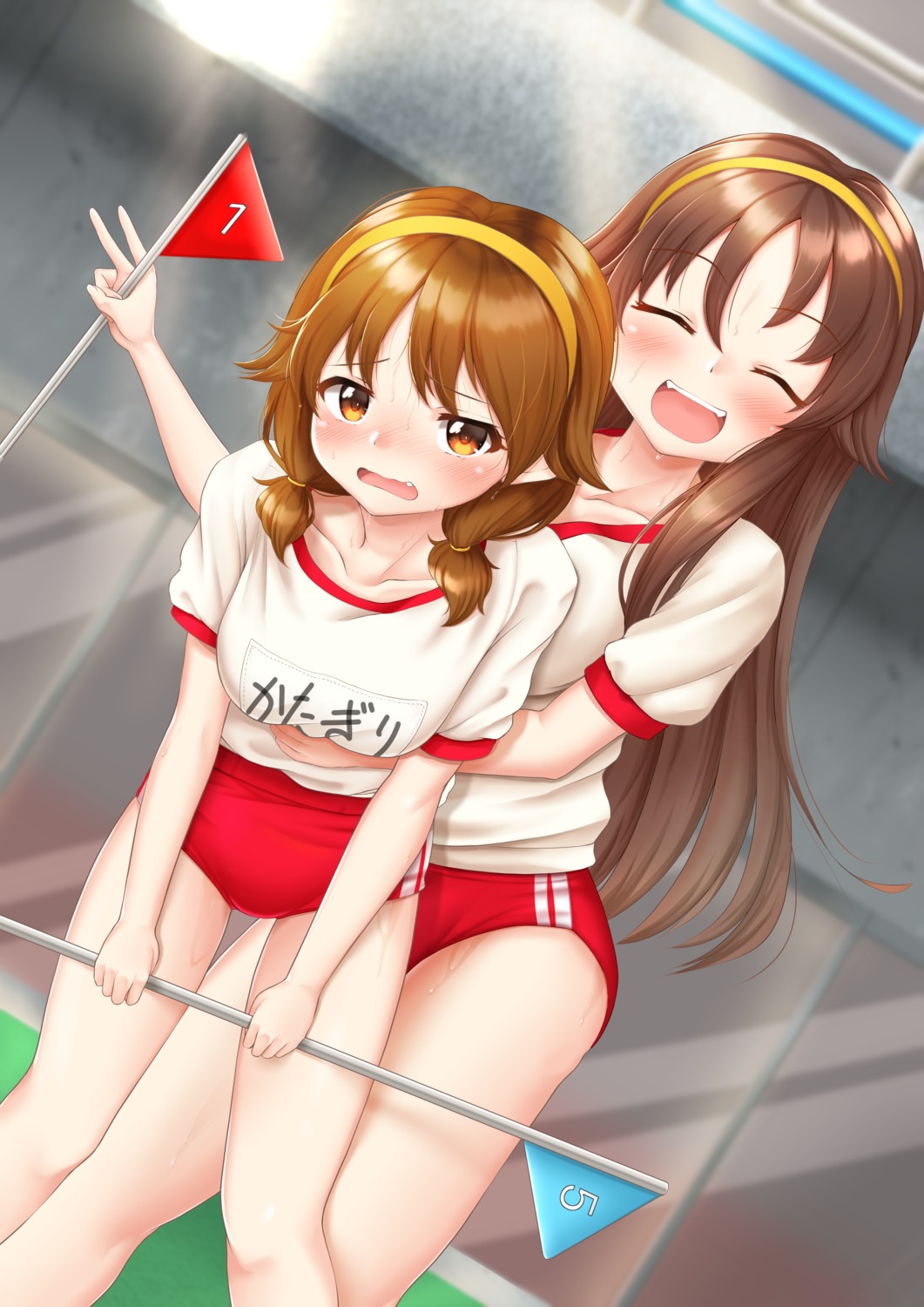 breast_hold, buruma, gym_uniform, himekawa_yuki, katagiri_sanae, nakaushiro, the_idolm@ster, the_idolm@ster_cinderella_girls