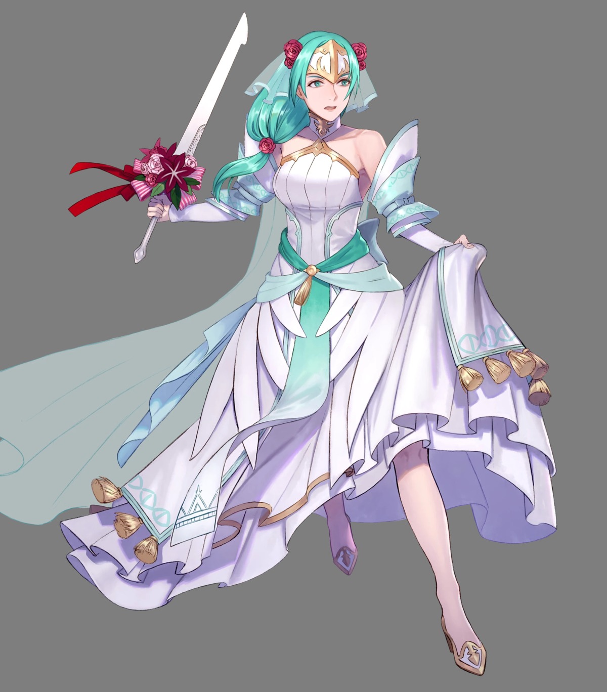 dress, fire_emblem, fire_emblem:_souen_no_kiseki, fire_emblem_heroes, heels, nintendo, pikomaro, sigrun, sword, transparent_png, wedding_dress