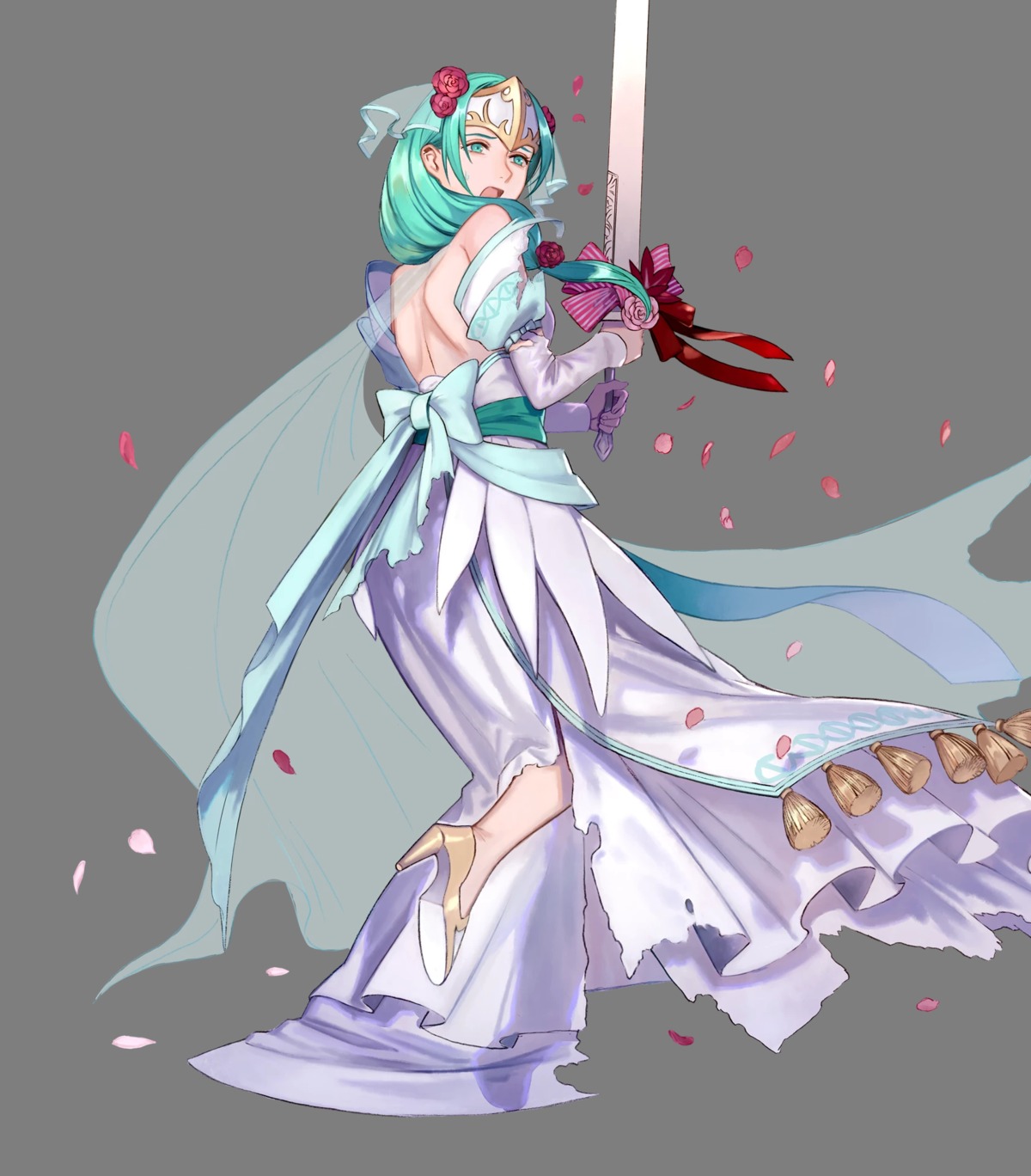 dress, fire_emblem, fire_emblem:_souen_no_kiseki, fire_emblem_heroes, heels, nintendo, pikomaro, sigrun, sword, torn_clothes, transparent_png, wedding_dress