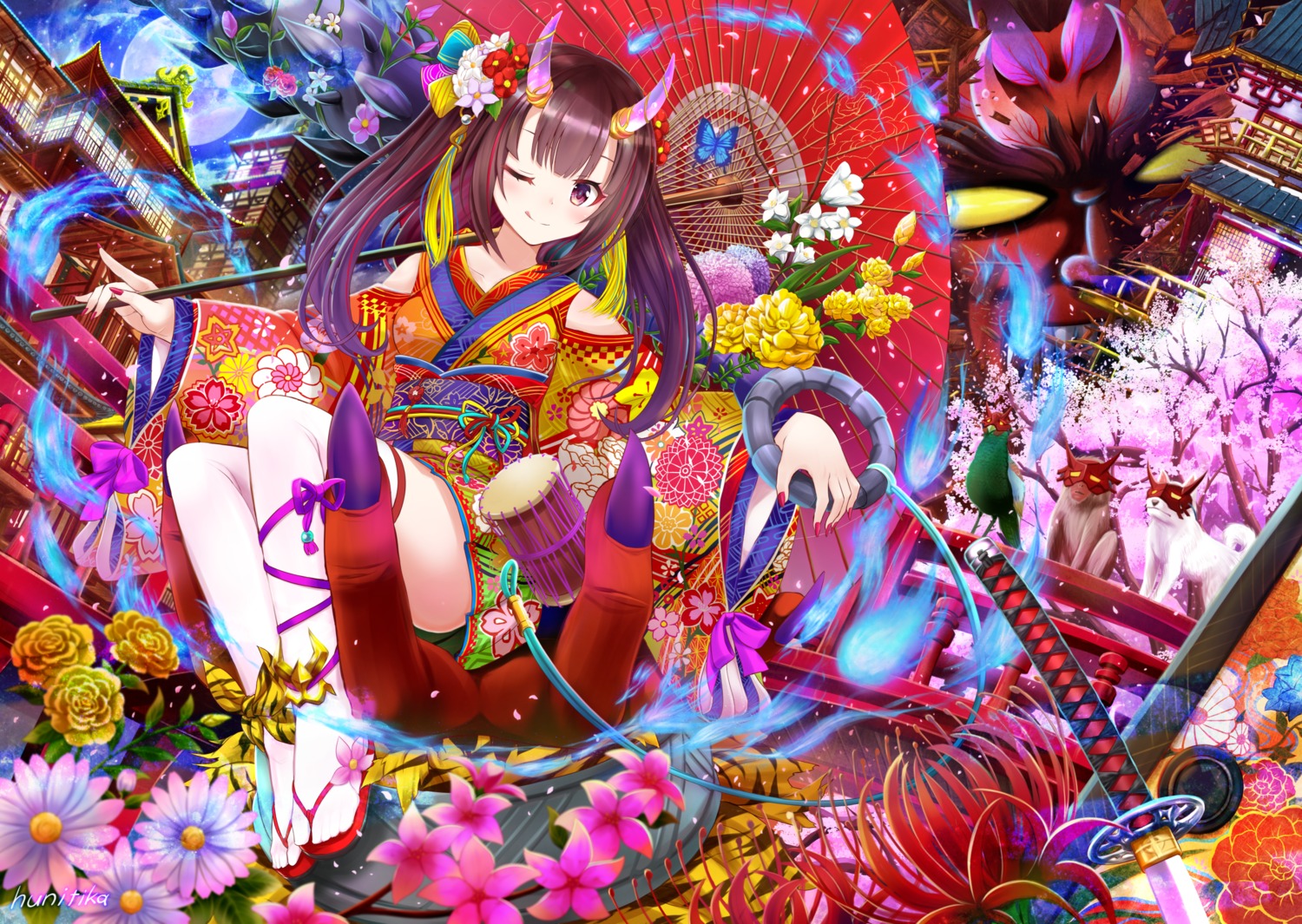 horns, kimono, nichika_(nitikapo), thighhighs, umbrella