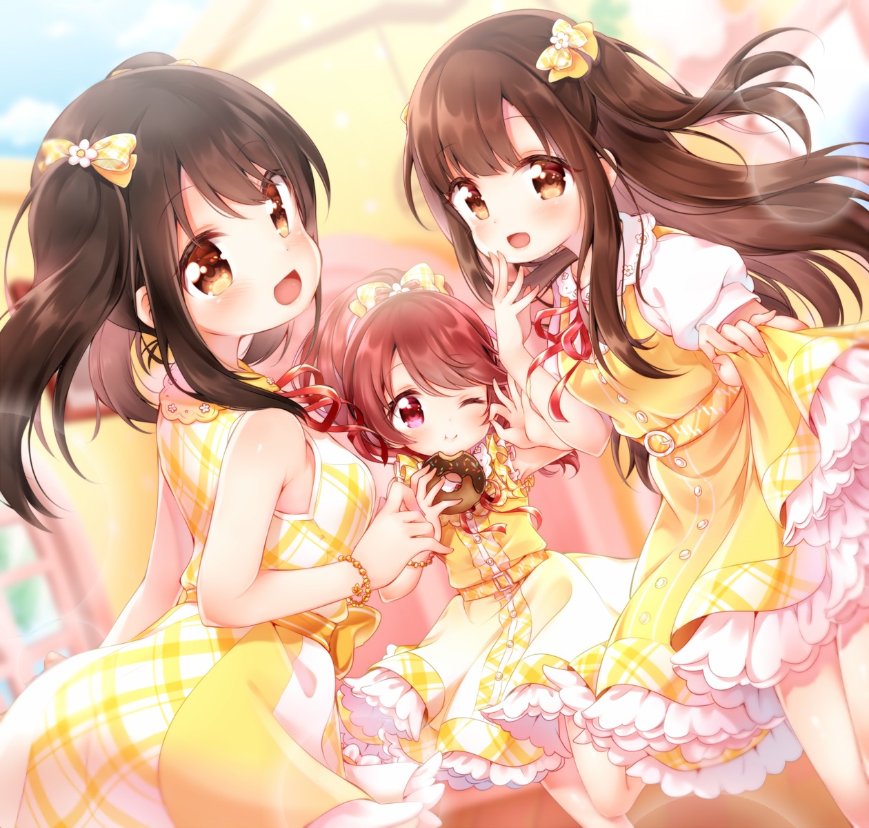 ass, dress, kofa_(ikyurima), mizumoto_yukari, nakano_yuka, shiina_noriko, skirt_lift, the_idolm@ster