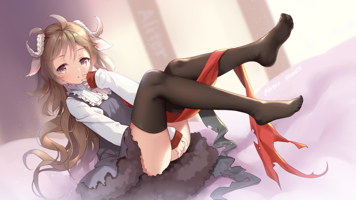 aliter, animal_ears, arknights, dress, eyjafjalla_(arknights), horns, thighhighs, wallpaper